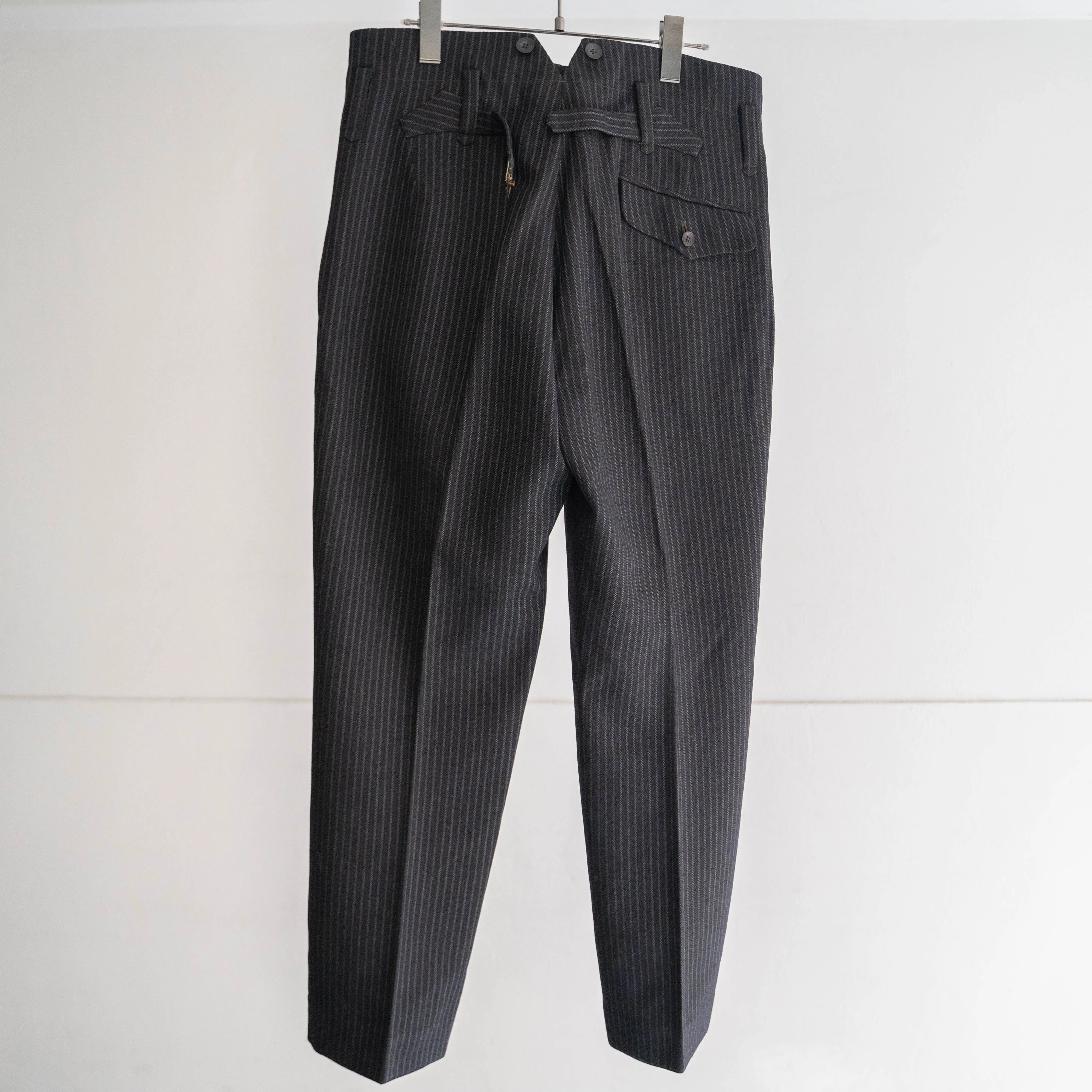 1950-60s Japan vintage black base stripe wool slacks 'with buckle back'