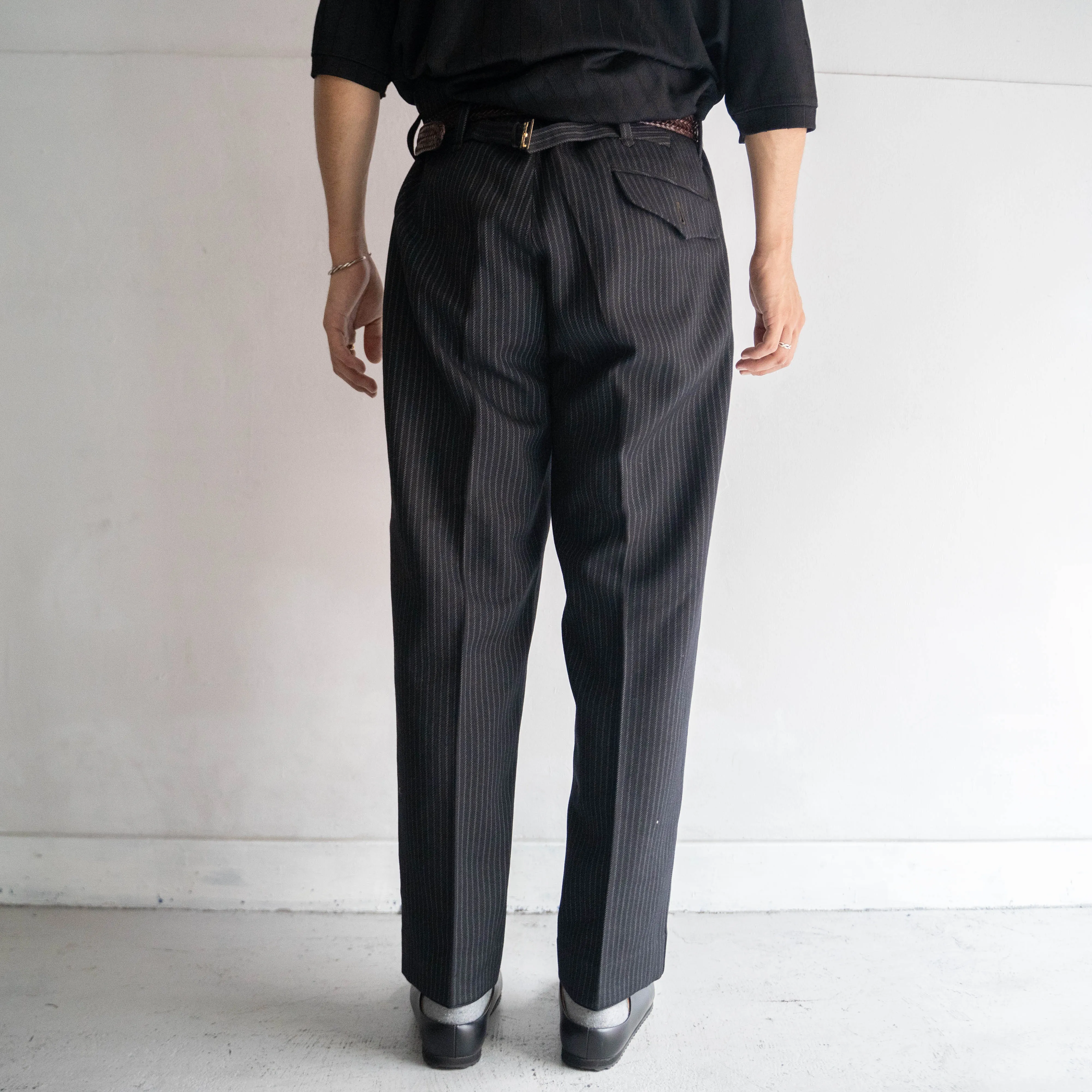 1950-60s Japan vintage black base stripe wool slacks 'with buckle back'