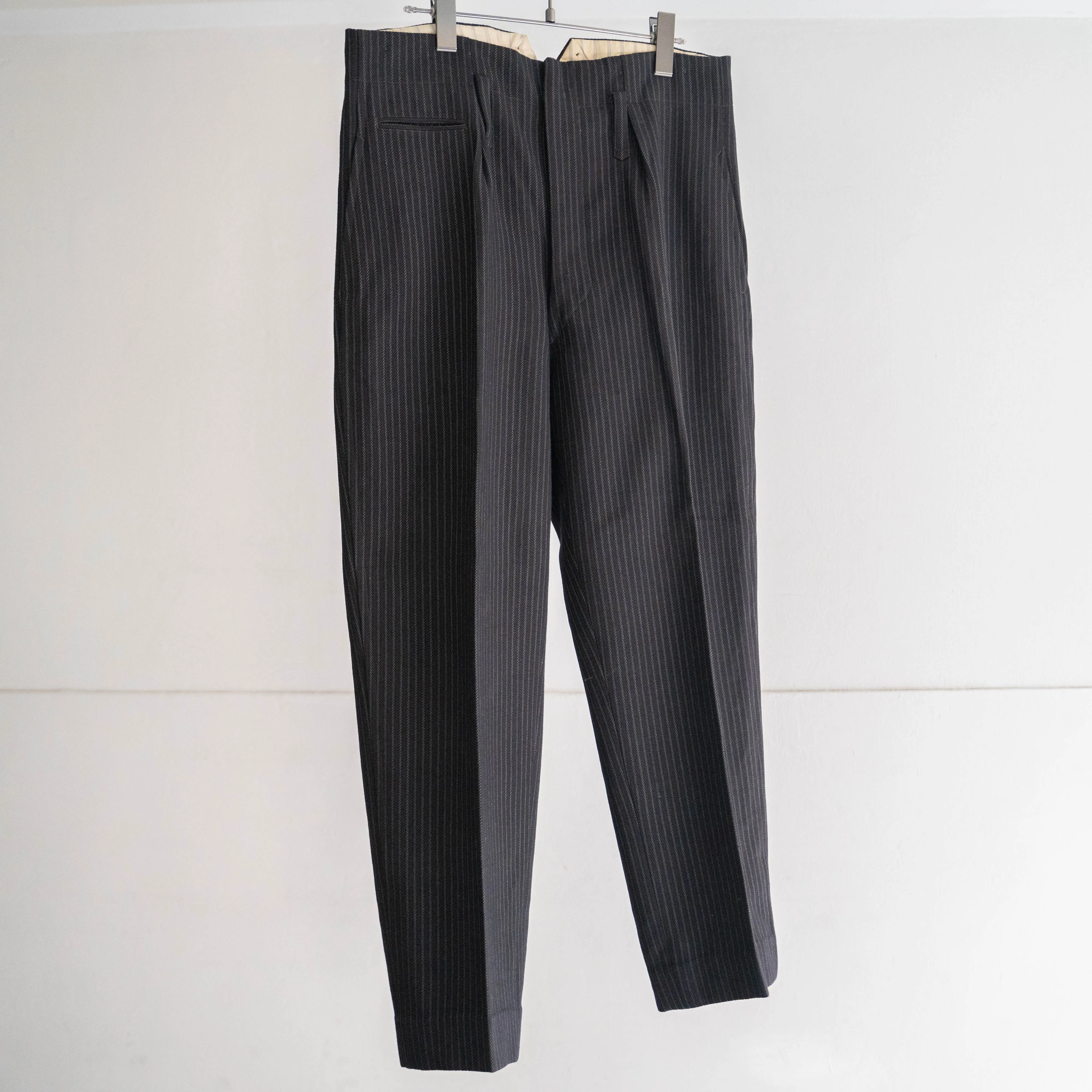 1950-60s Japan vintage black base stripe wool slacks 'with buckle back'