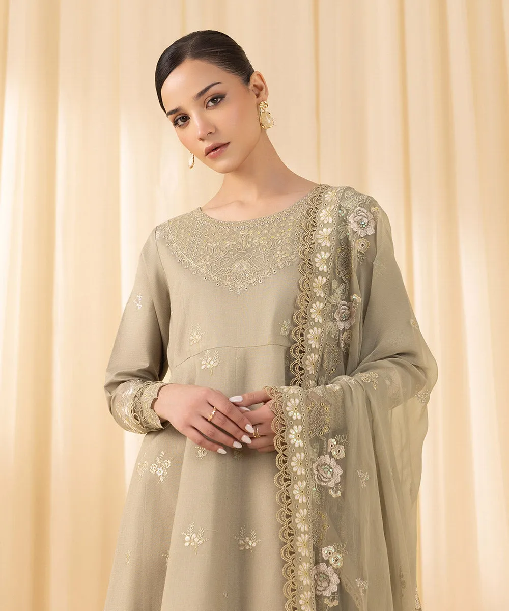 3 Piece -  Embroidered Cotton Net Suit