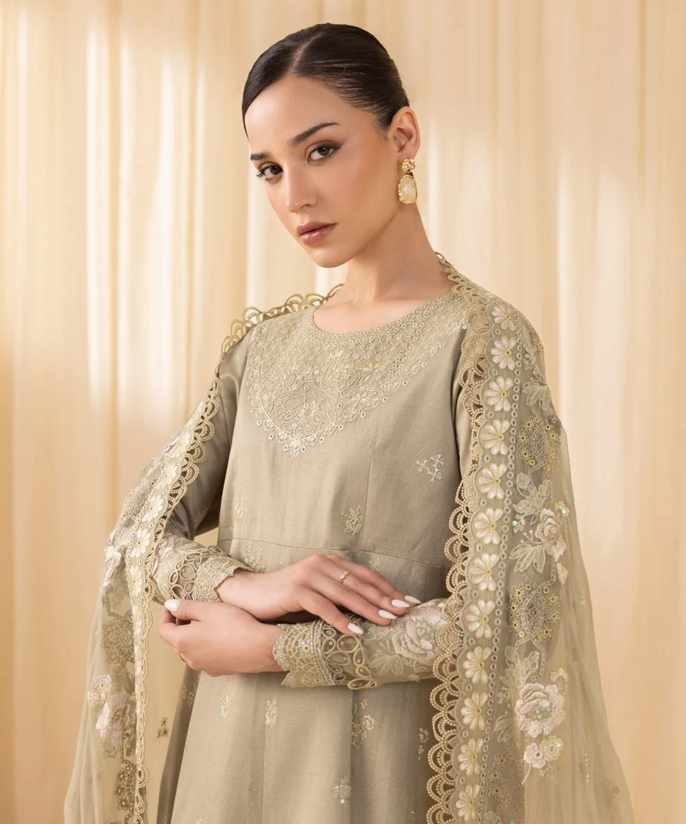 3 Piece -  Embroidered Cotton Net Suit