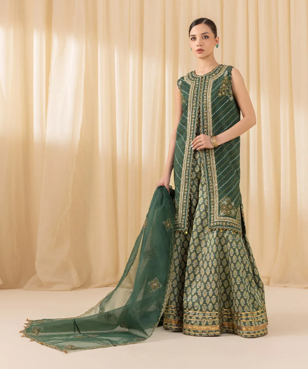 3 Piece -  Embroidered Raw Silk Suit