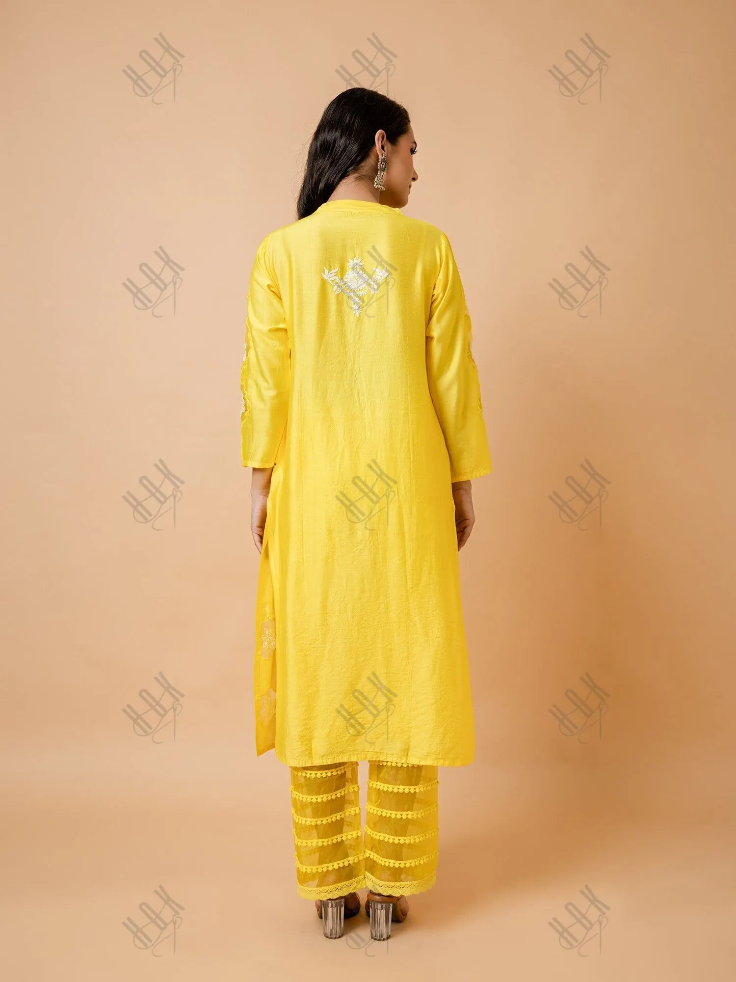 Aanchal Hans in Fizaa Yellow Chikankari Chanderi Silk Kurta Set