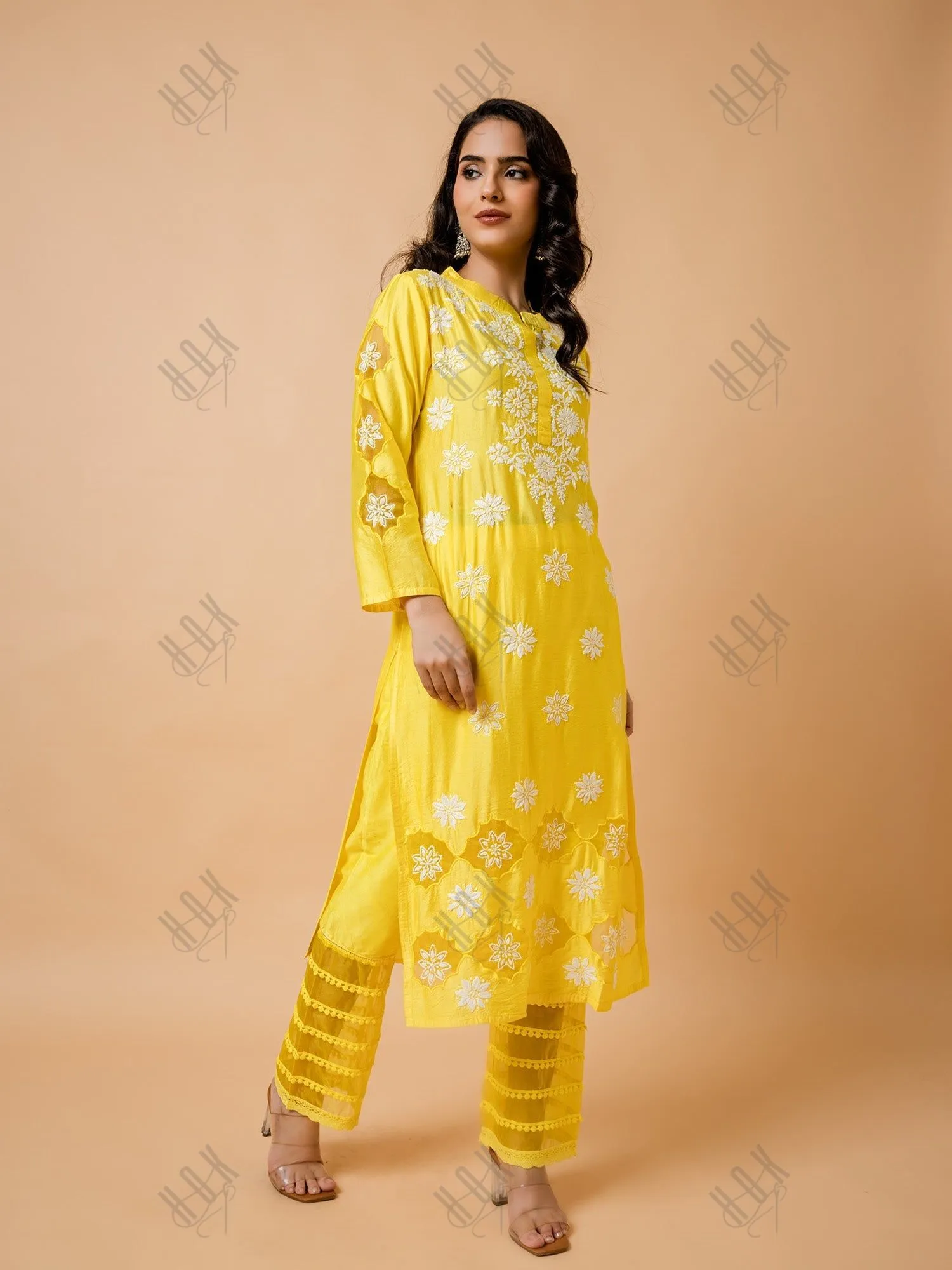 Aanchal Hans in Fizaa Yellow Chikankari Chanderi Silk Kurta Set