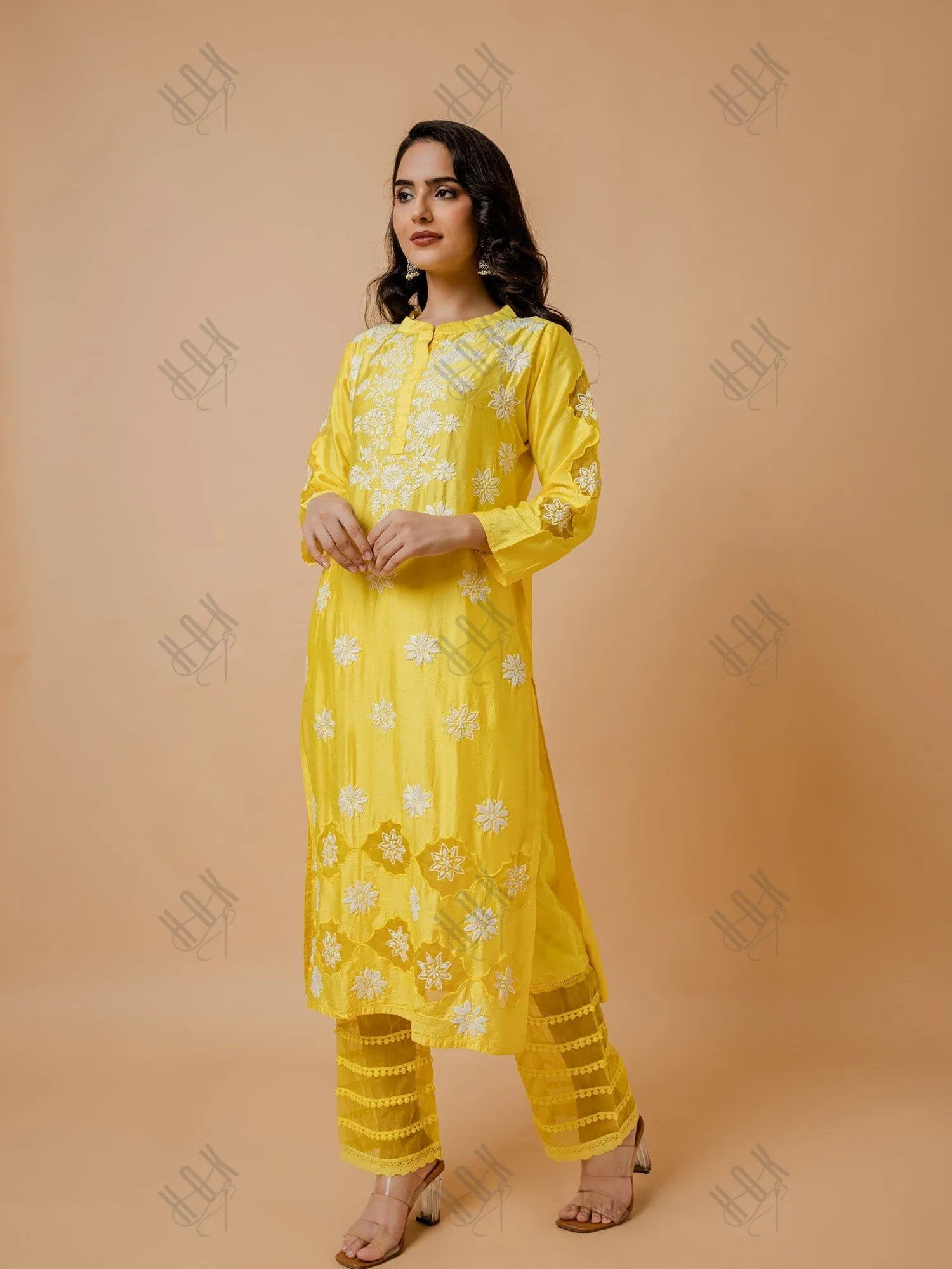 Aanchal Hans in Fizaa Yellow Chikankari Chanderi Silk Kurta Set