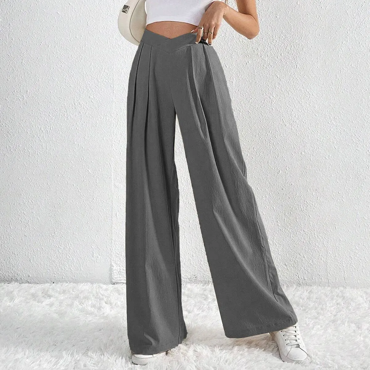 ASYMMETRICAL WAIST PLEATS CASUAL WIDE LEG SLACKS_CWBLP0603