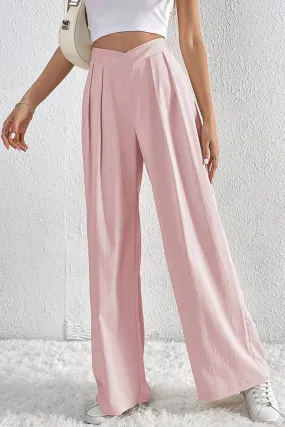 ASYMMETRICAL WAIST PLEATS CASUAL WIDE LEG SLACKS_CWBLP0603