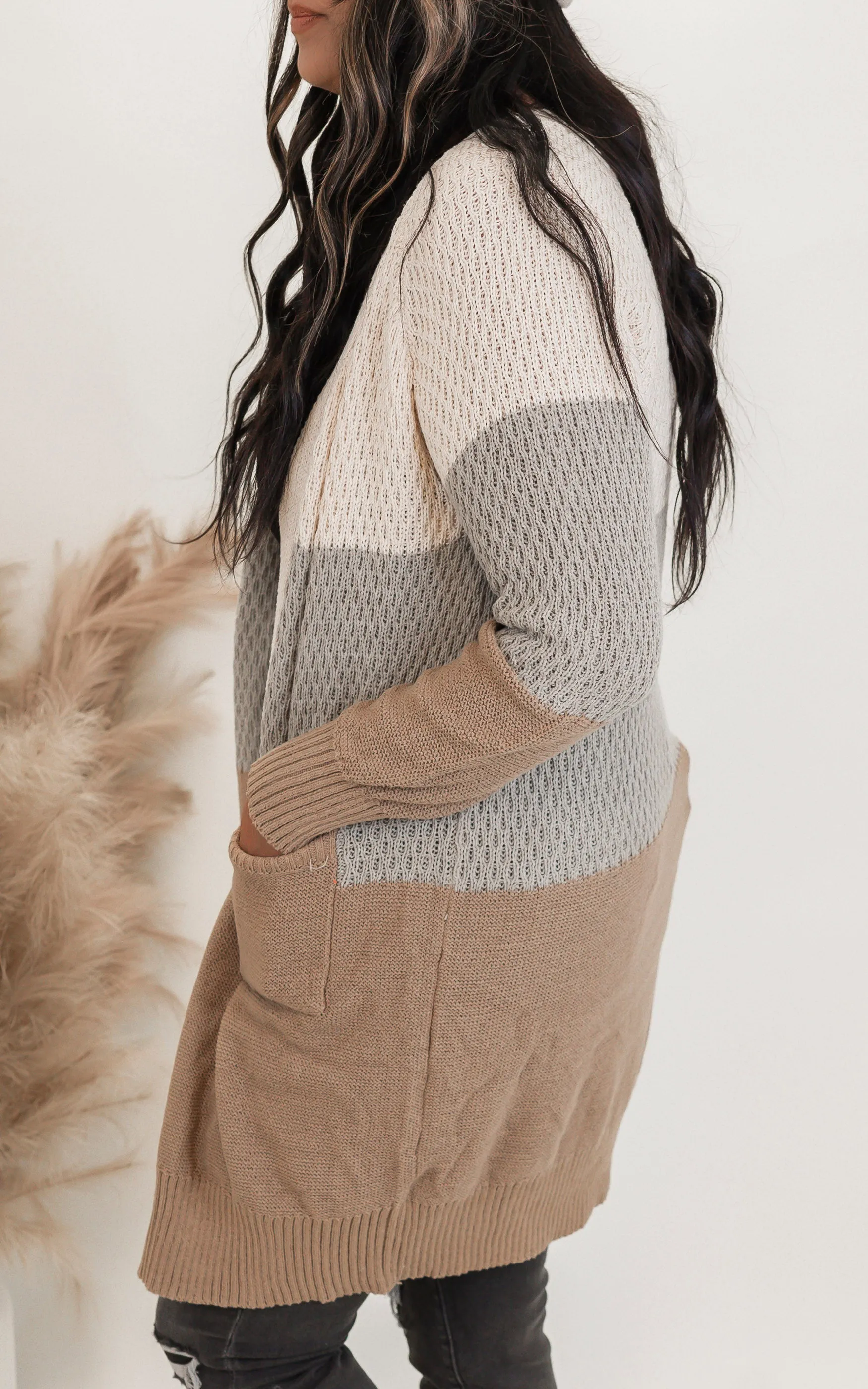 Beige Colorblock Long Sweater Cardigan