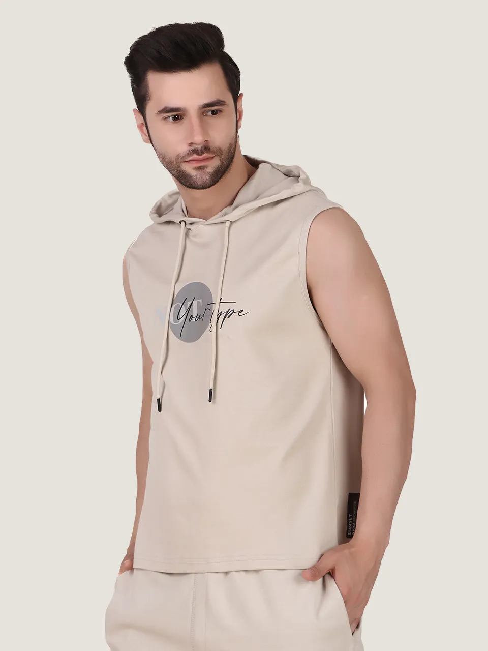 Beige Printed Sleeveless Hoodie