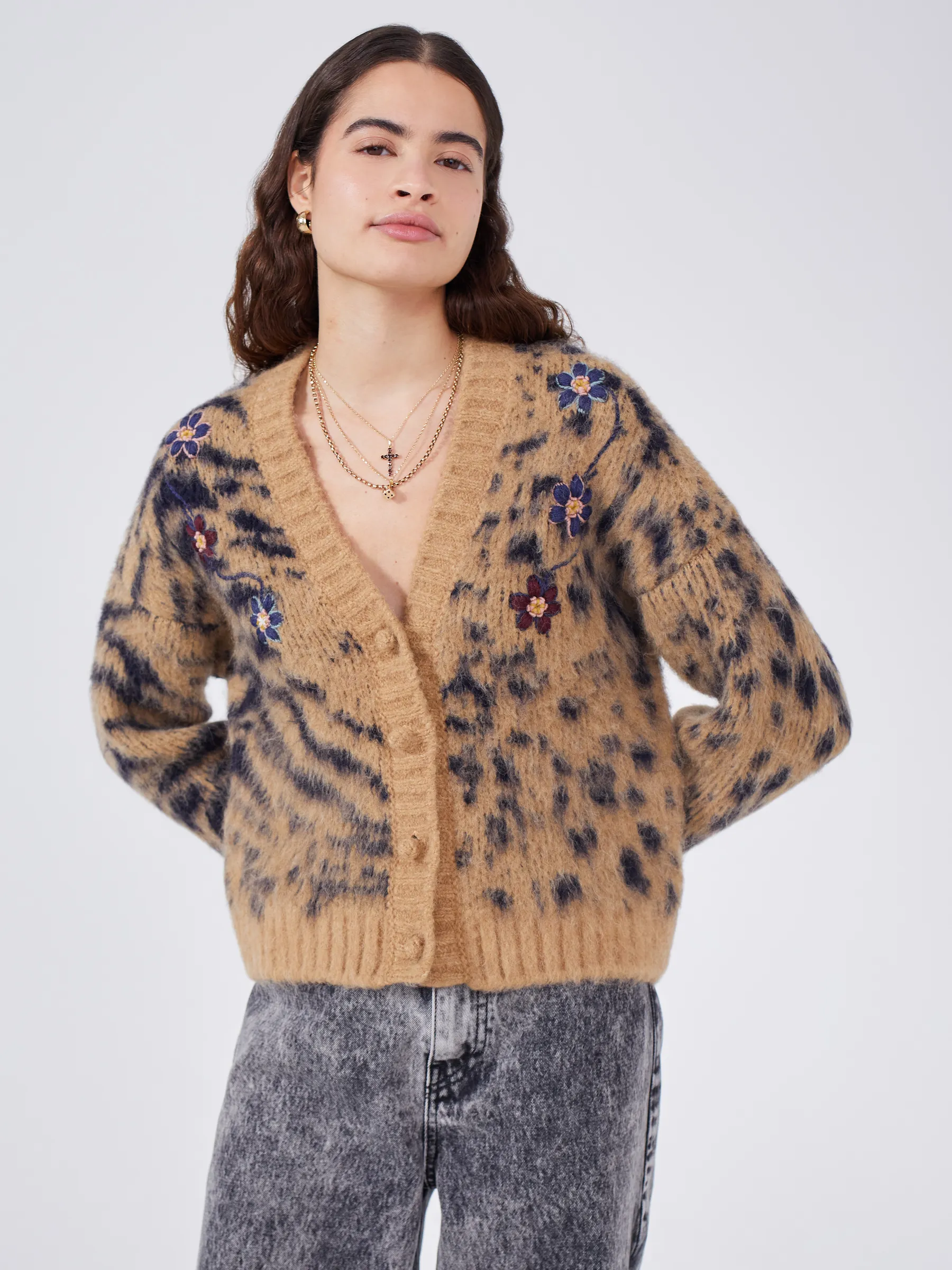 Big Meow Alpaca Jacquard Cardigan Camel/Navy