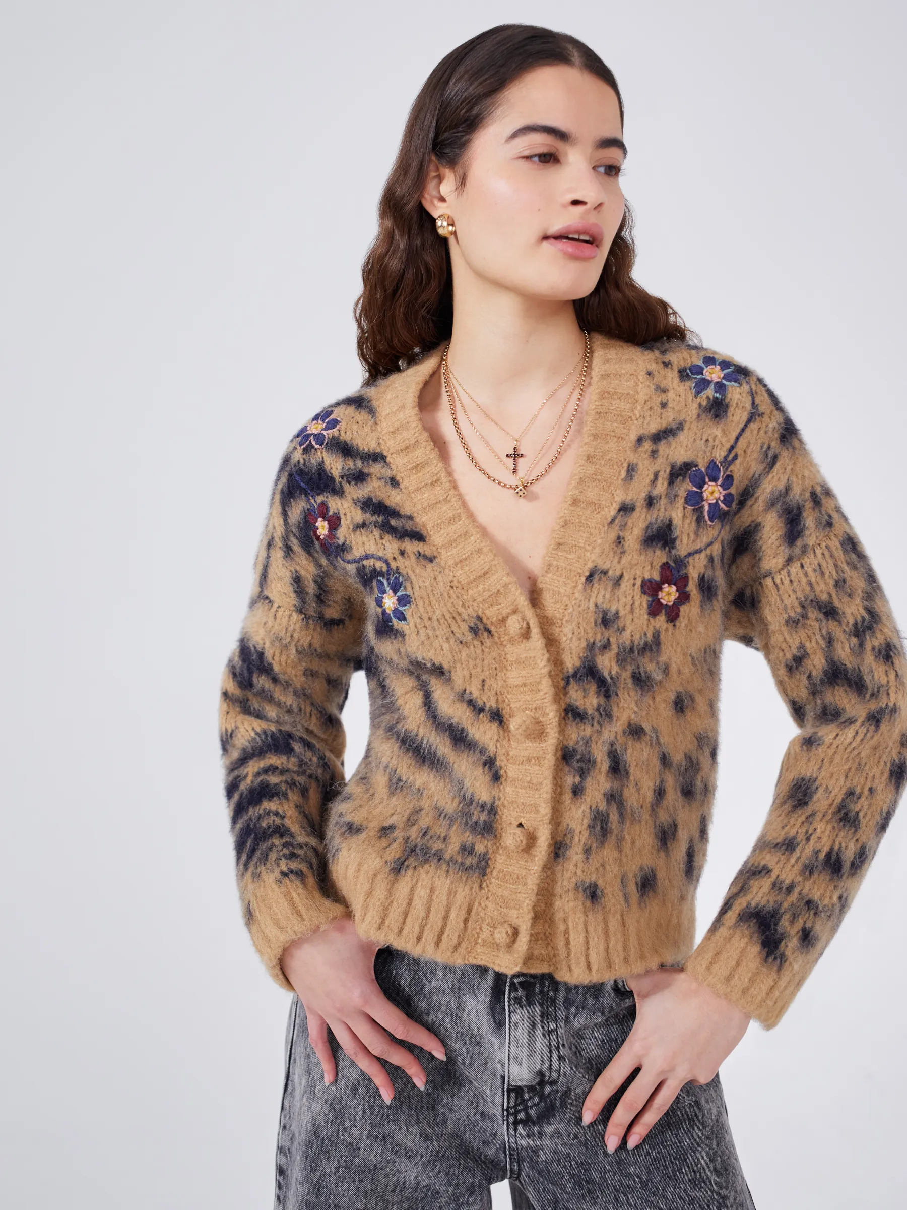 Big Meow Alpaca Jacquard Cardigan Camel/Navy