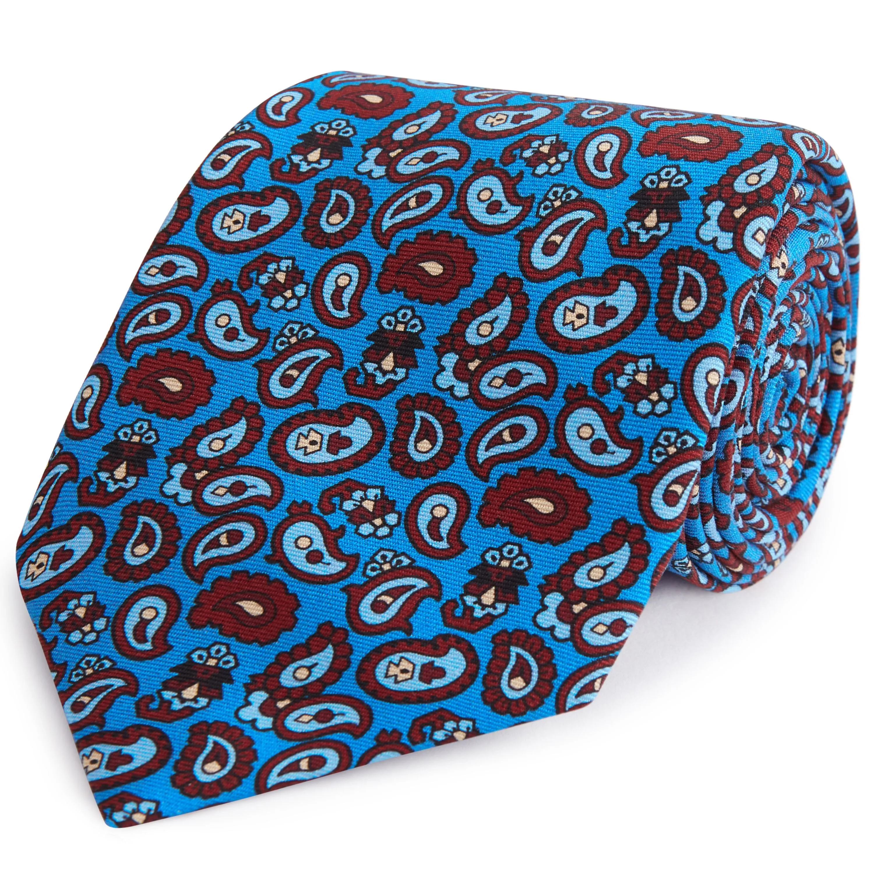 Blue and Burgundy Paisley Madder Printed Silk Tie