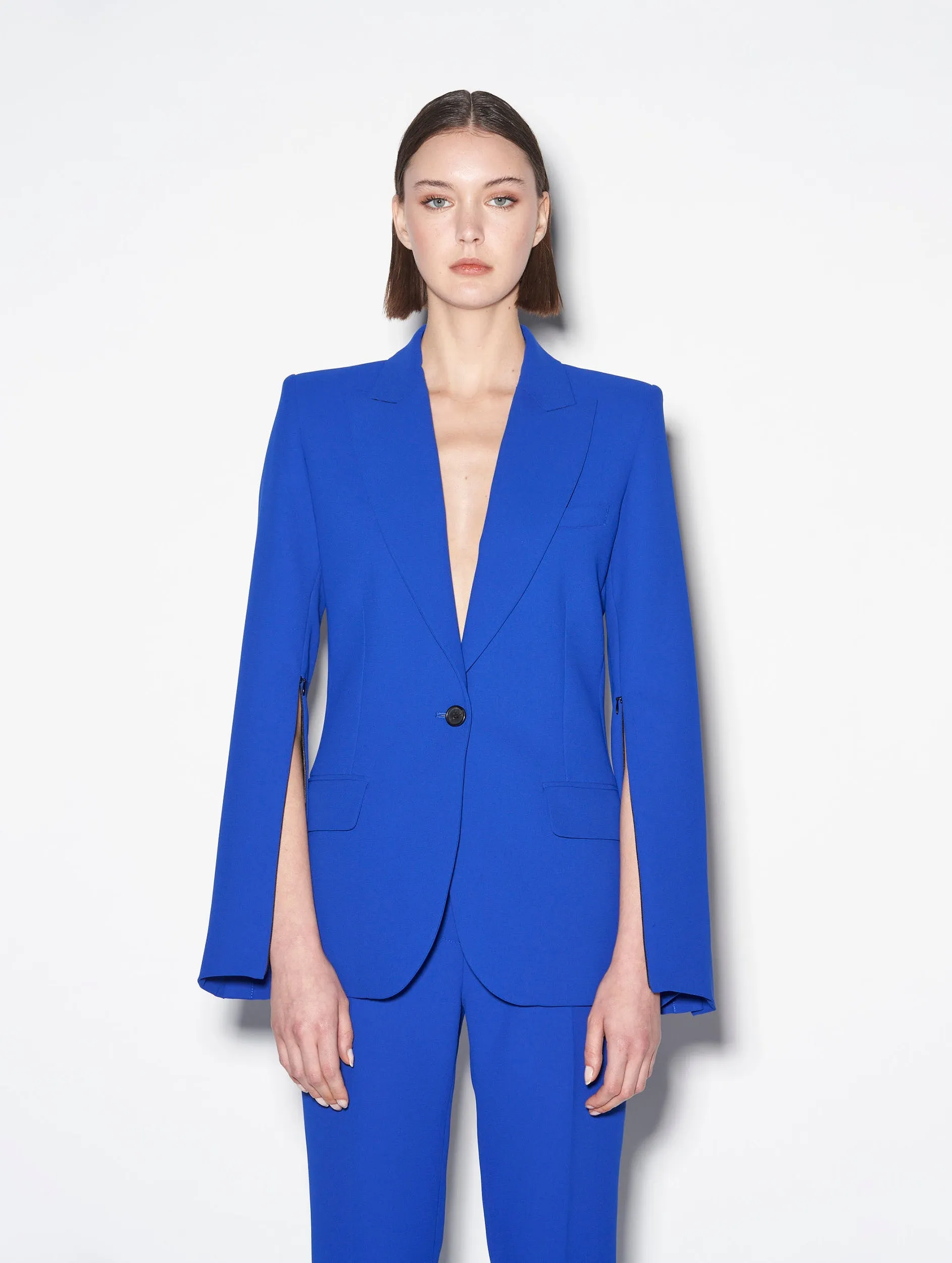 Blue crepe suit jacket with zip sleeves