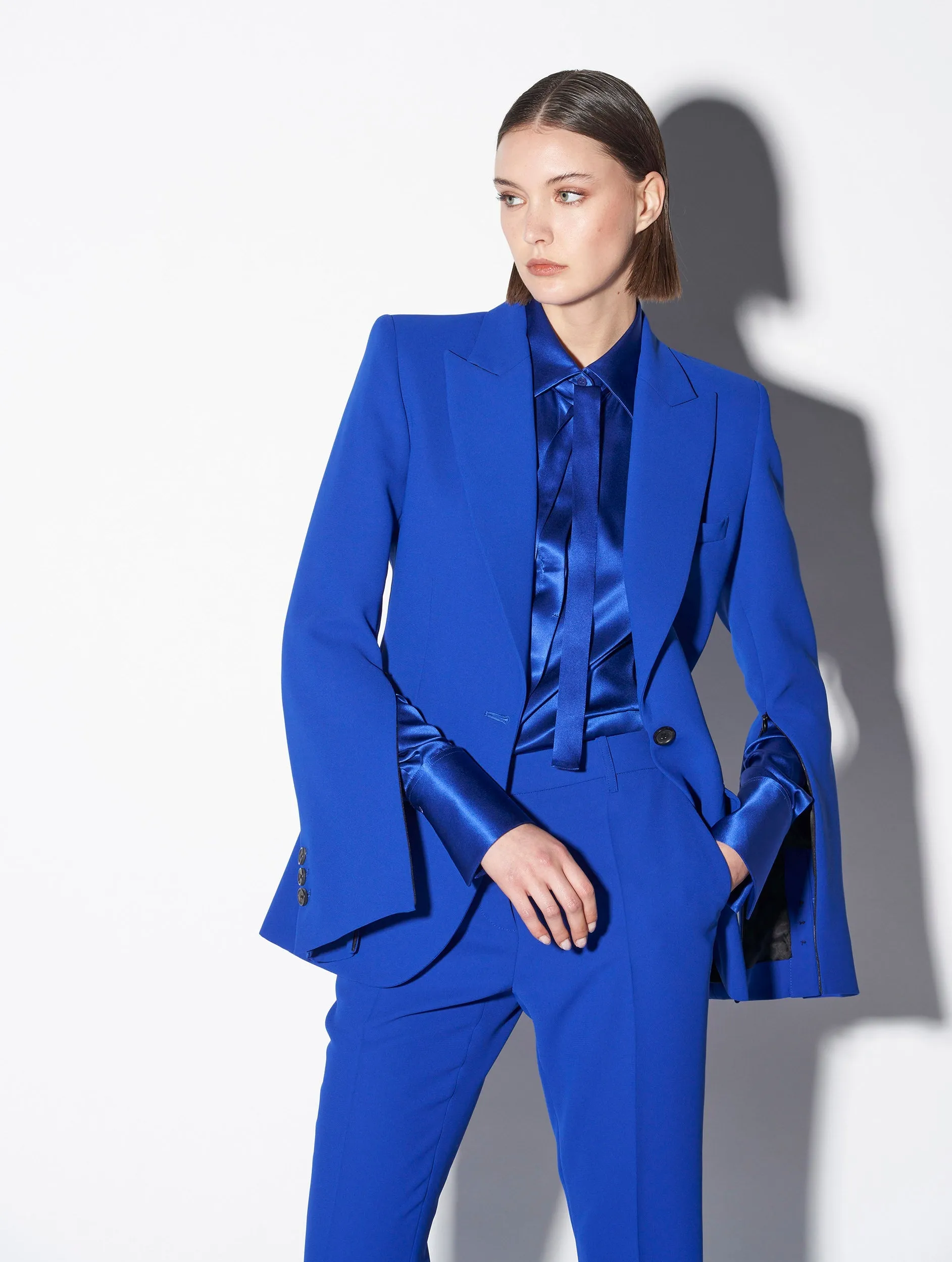 Blue crepe suit jacket with zip sleeves