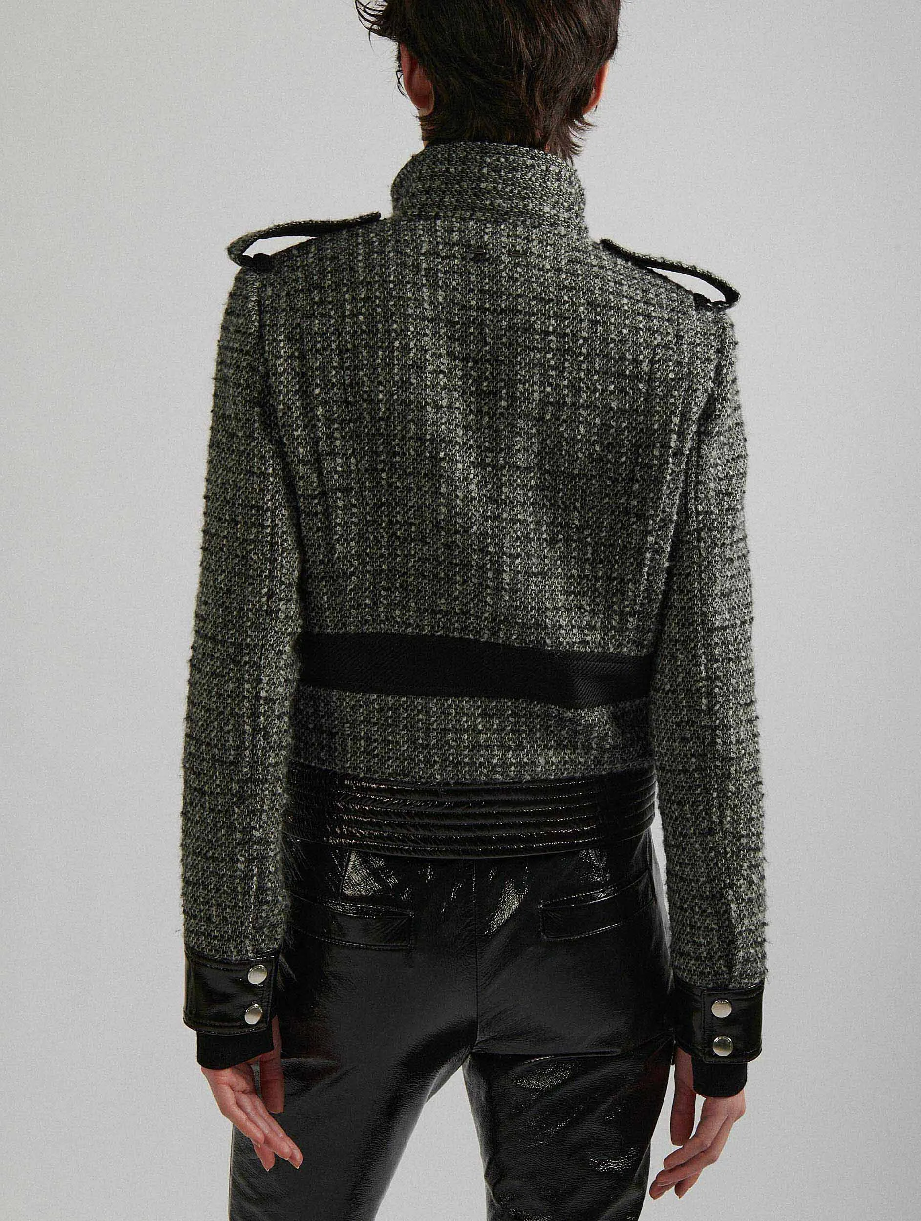 Bouclette tweed and patent leather jacket