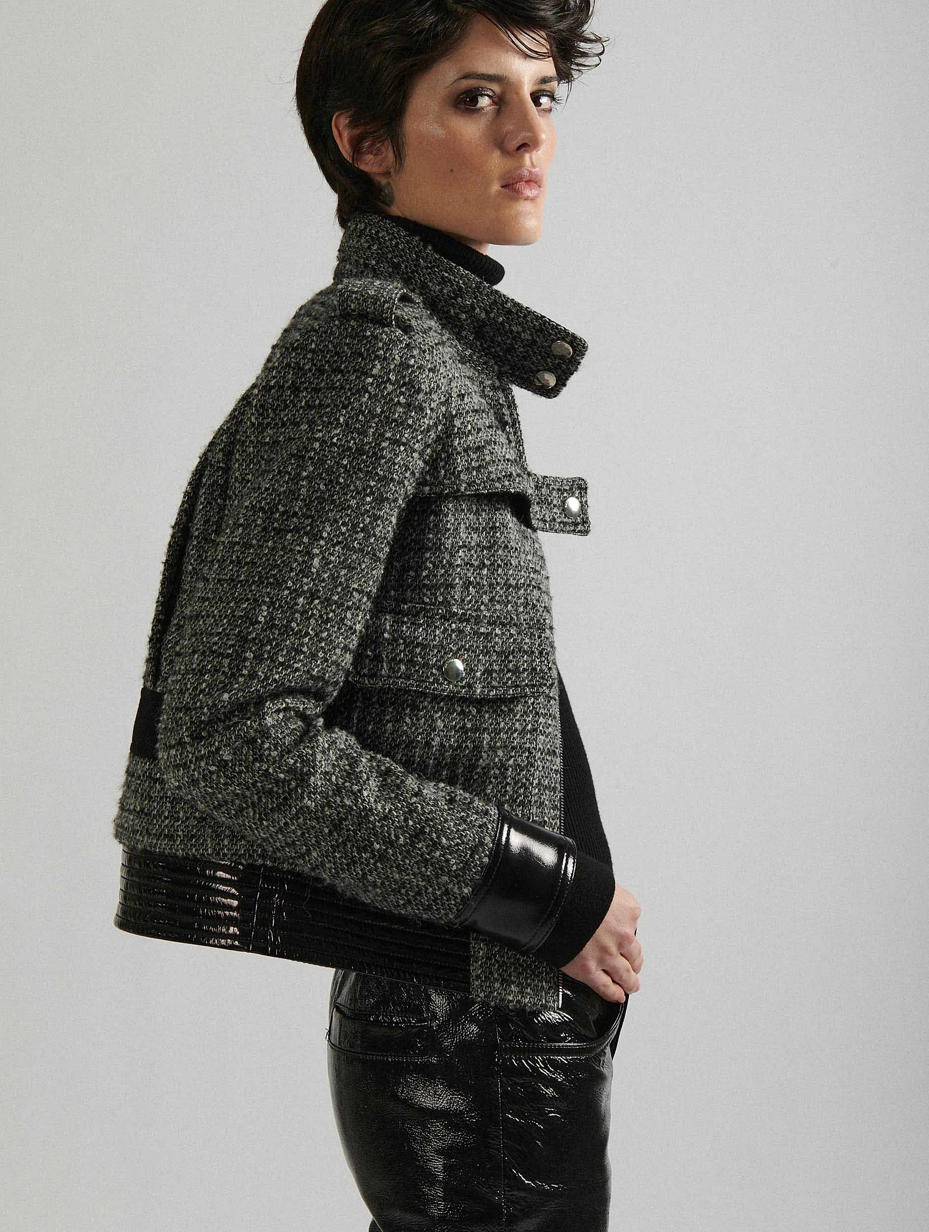 Bouclette tweed and patent leather jacket