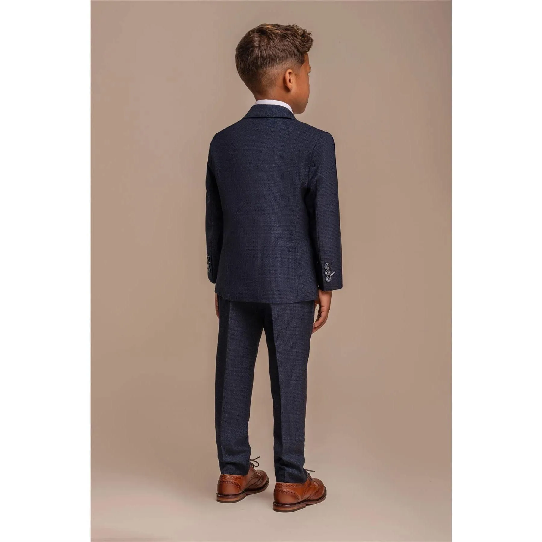 Boys 3 Piece Navy Check Suit Tweed Tailored Fit Wedding