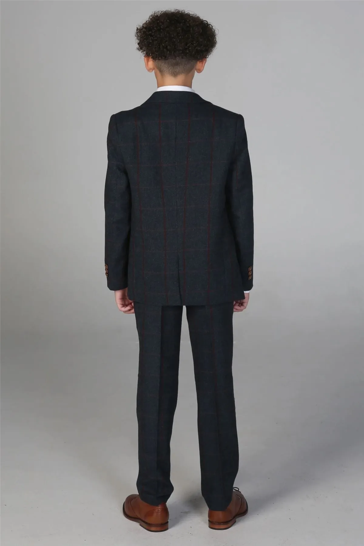 Boys 3 Piece Navy Tweed Check Suit