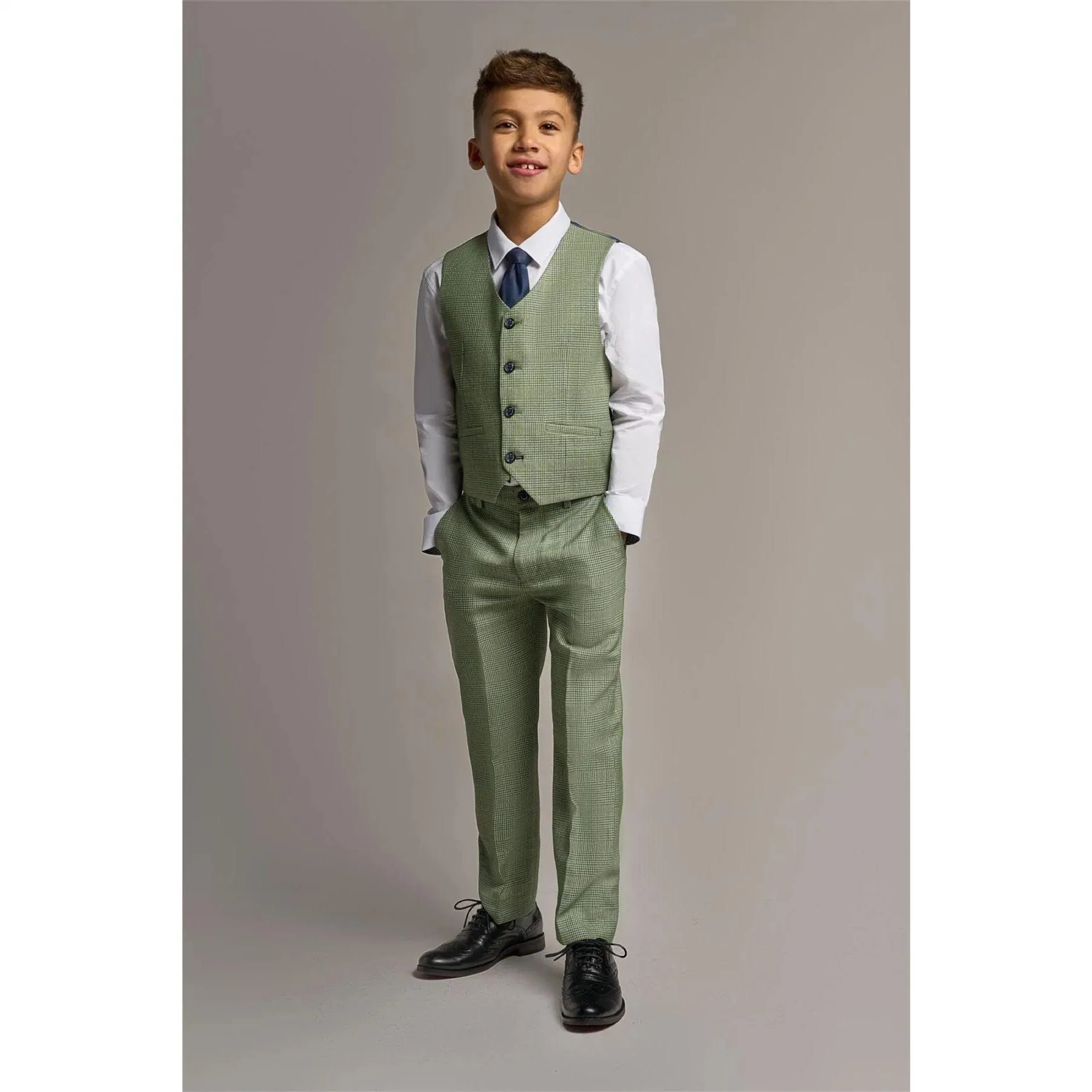 Boys 3 Piece Sage Green Check Suit Tweed Tailored Fit Wedding