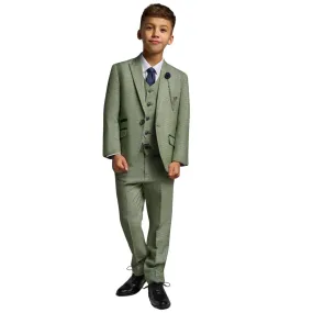 Boys 3 Piece Sage Green Check Suit Tweed Tailored Fit Wedding