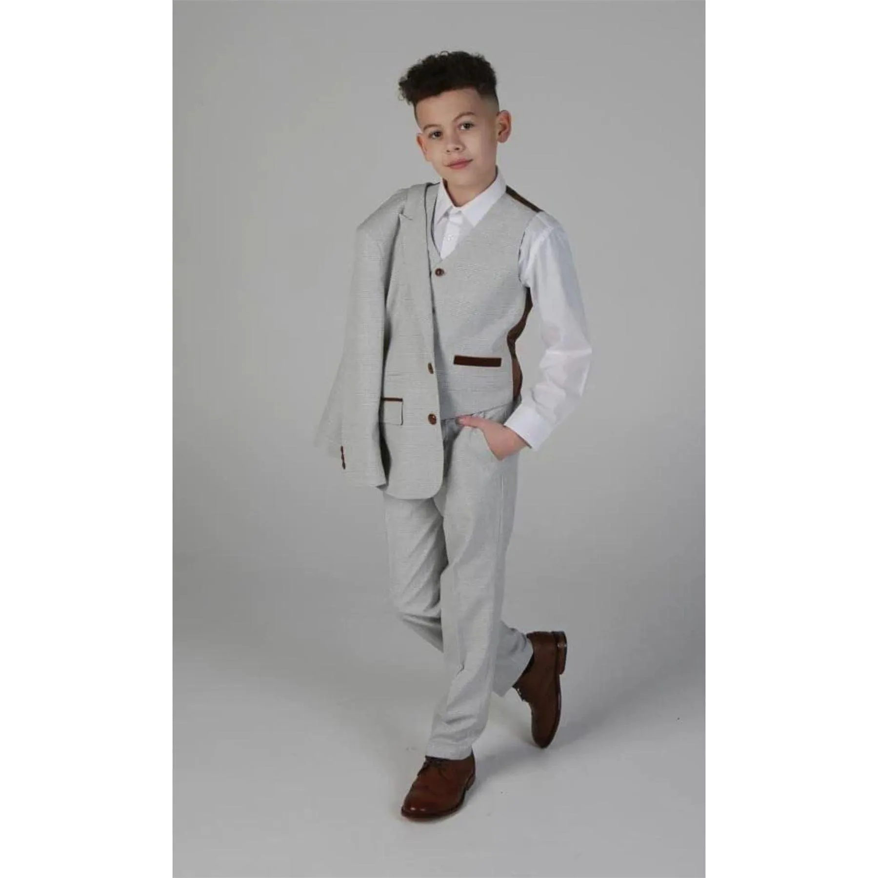 Boys Grey Stone 3 Piece Tweed Check Suit Wedding