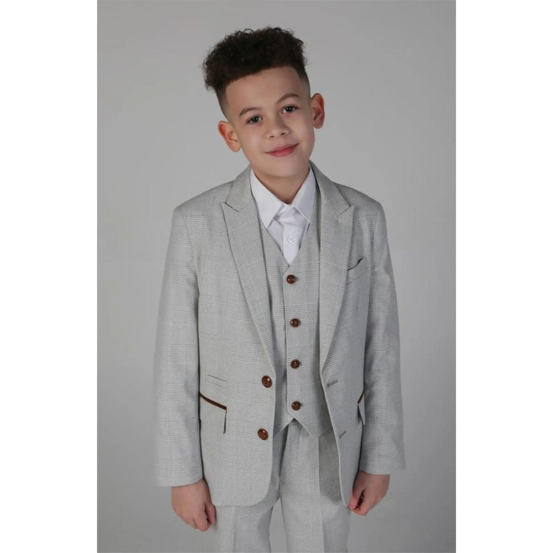 Boys Grey Stone 3 Piece Tweed Check Suit Wedding