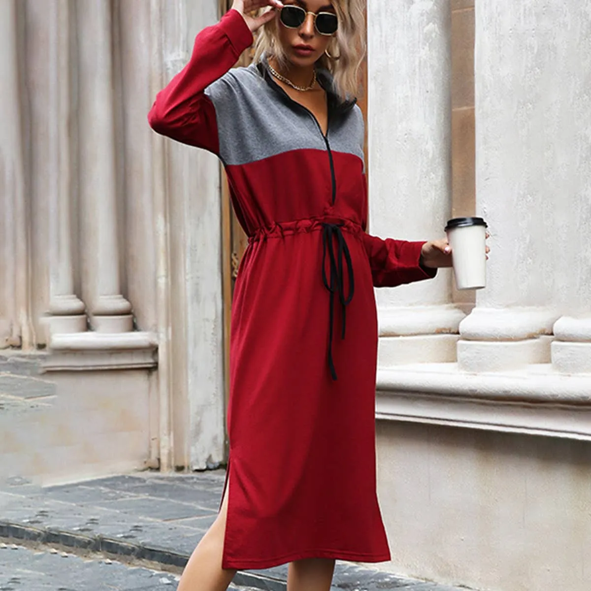 CASUAL COLOR CONTRAST SPLIT HOODIE DRESS_CWDSD4338