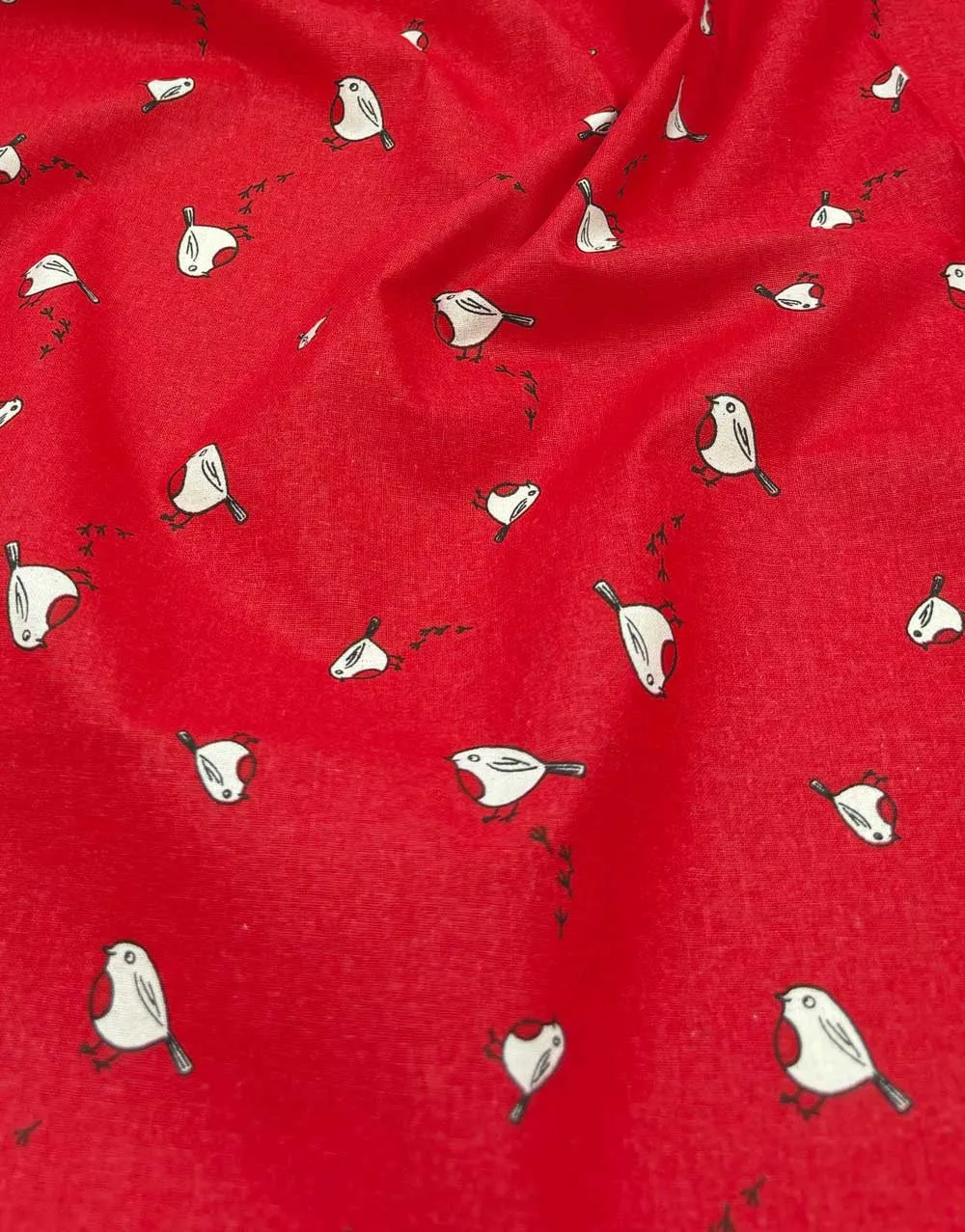 Christmas Robins on Red Christmas Fabric