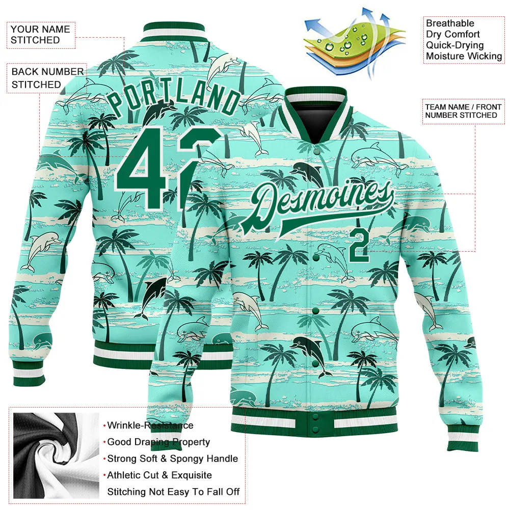 Custom Aqua Kelly Green-White Hawaii Palm Trees 3D Bomber Full-Snap Varsity Letterman Jacket