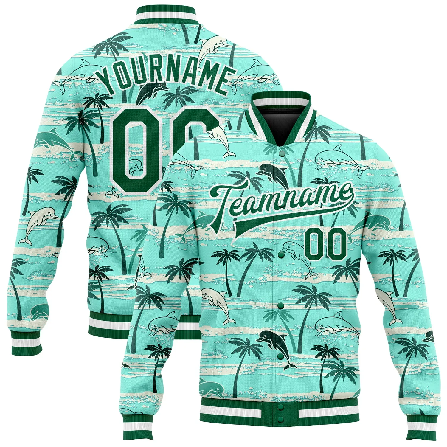 Custom Aqua Kelly Green-White Hawaii Palm Trees 3D Bomber Full-Snap Varsity Letterman Jacket