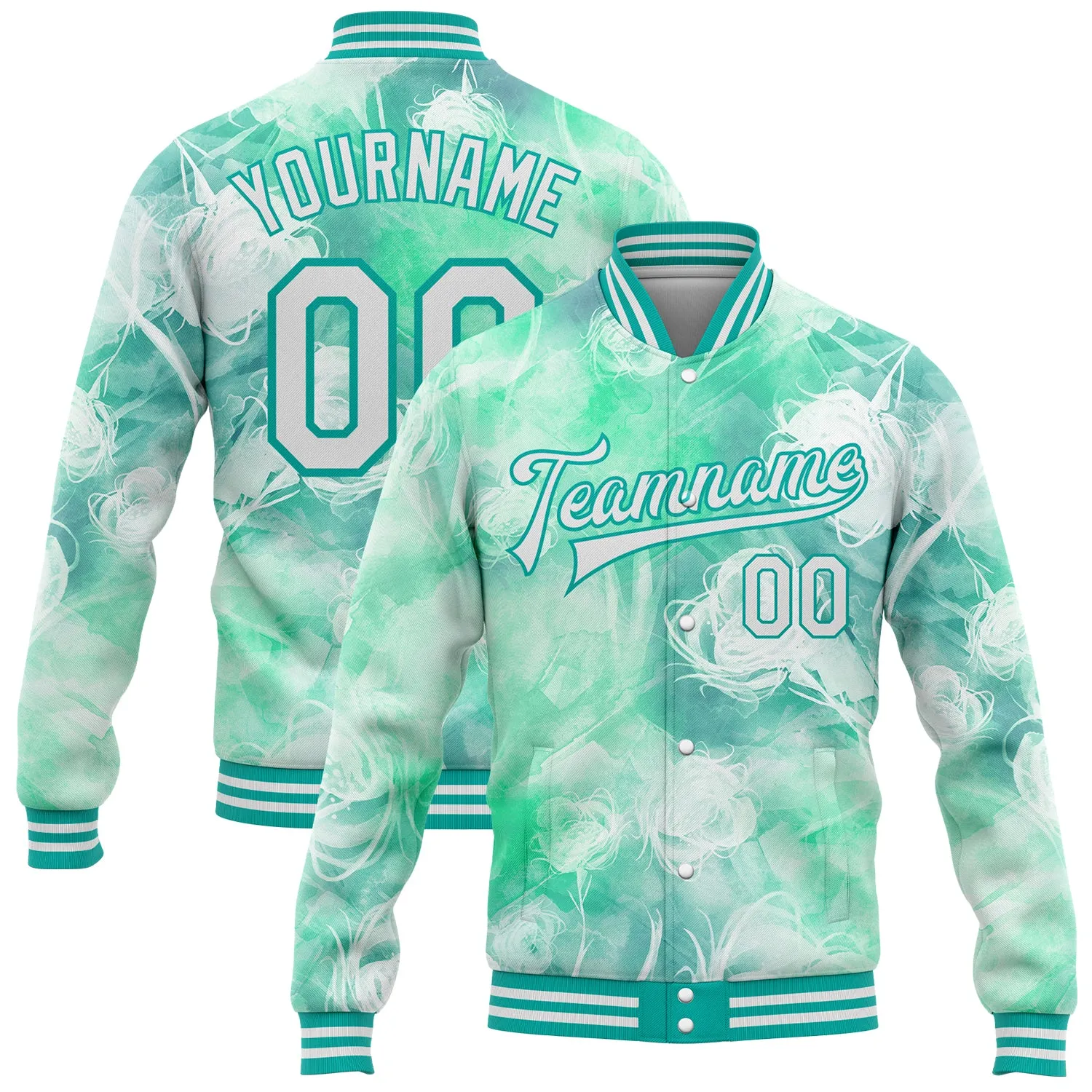 Custom Aqua White Halo Dying Rose 3D Pattern Design Bomber Full-Snap Varsity Letterman Jacket