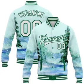 Custom Aqua White-Kelly Green Watercolor Winter Landscape With Snowy Trees 3D Pattern Design Bomber Full-Snap Varsity Letterman Jacket