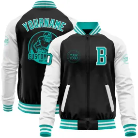 Custom Black Aqua-White Bomber Varsity Letterman Two Tone Zipper Jacket