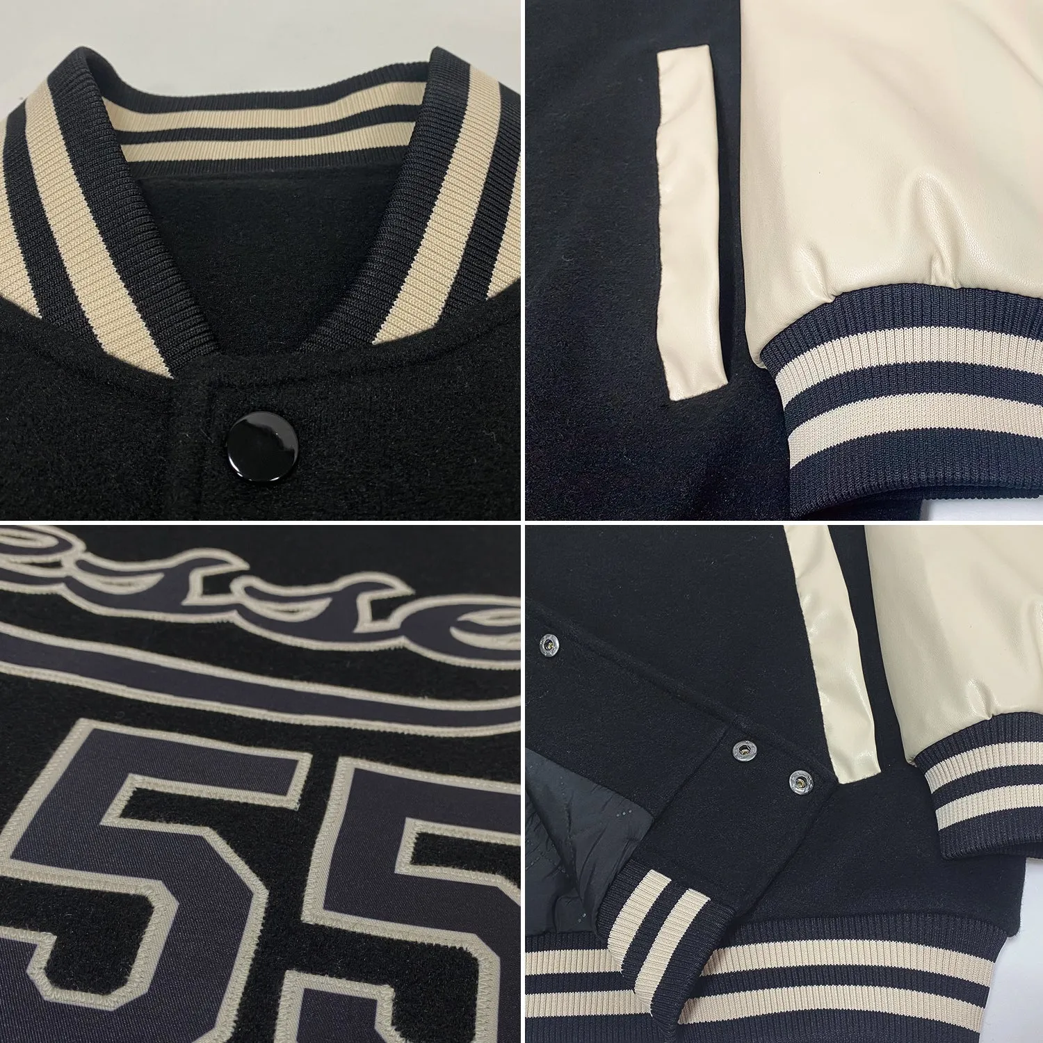 Custom Black Black-Cream Bomber Full-Snap Varsity Letterman Two Tone Jacket