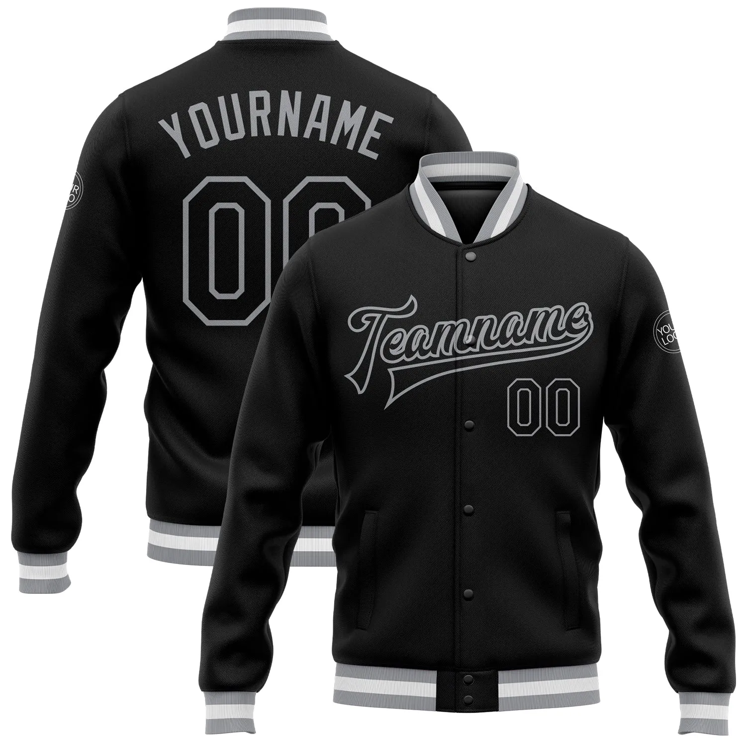 Custom Black Black-Gray Bomber Full-Snap Varsity Letterman Jacket