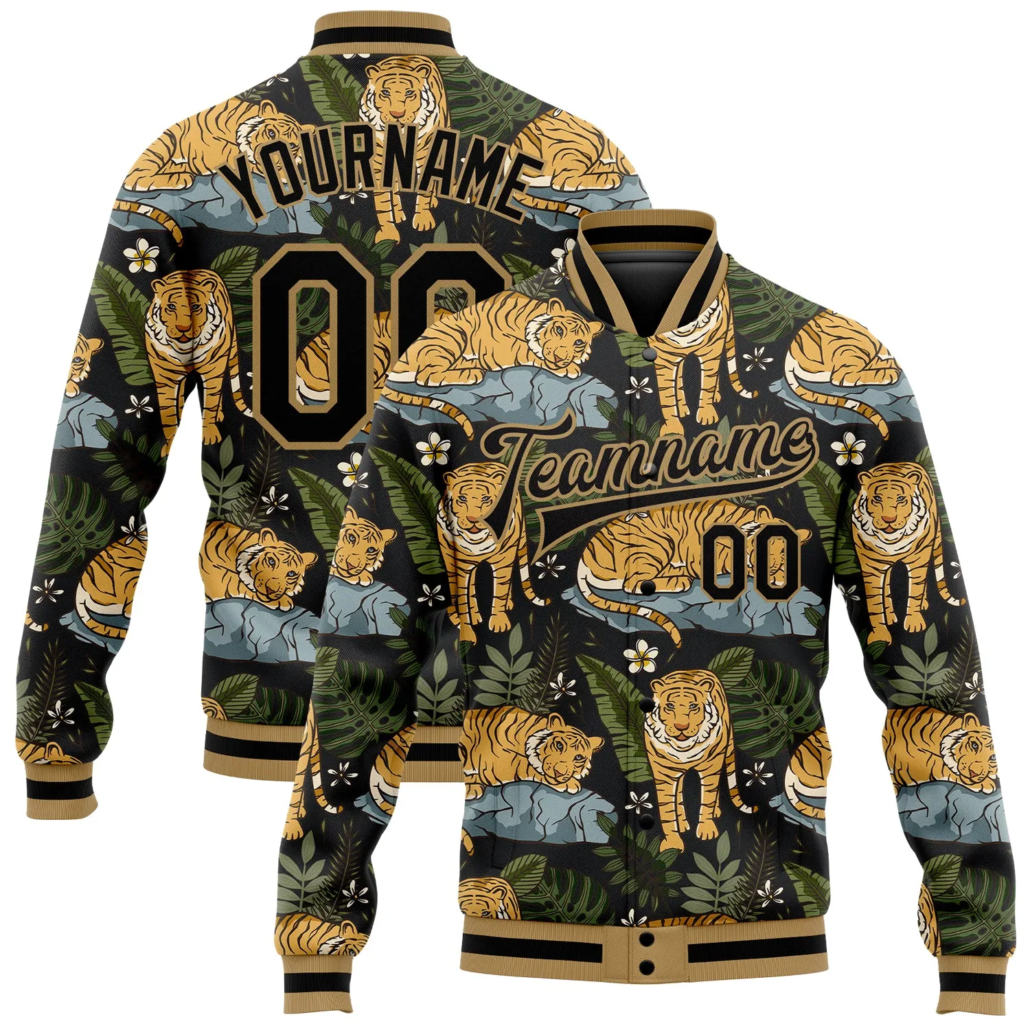 Custom Black Black-Old Gold Tropical Tiger With Palms 3D Pattern Design Bomber Full-Snap Varsity Letterman Jacket