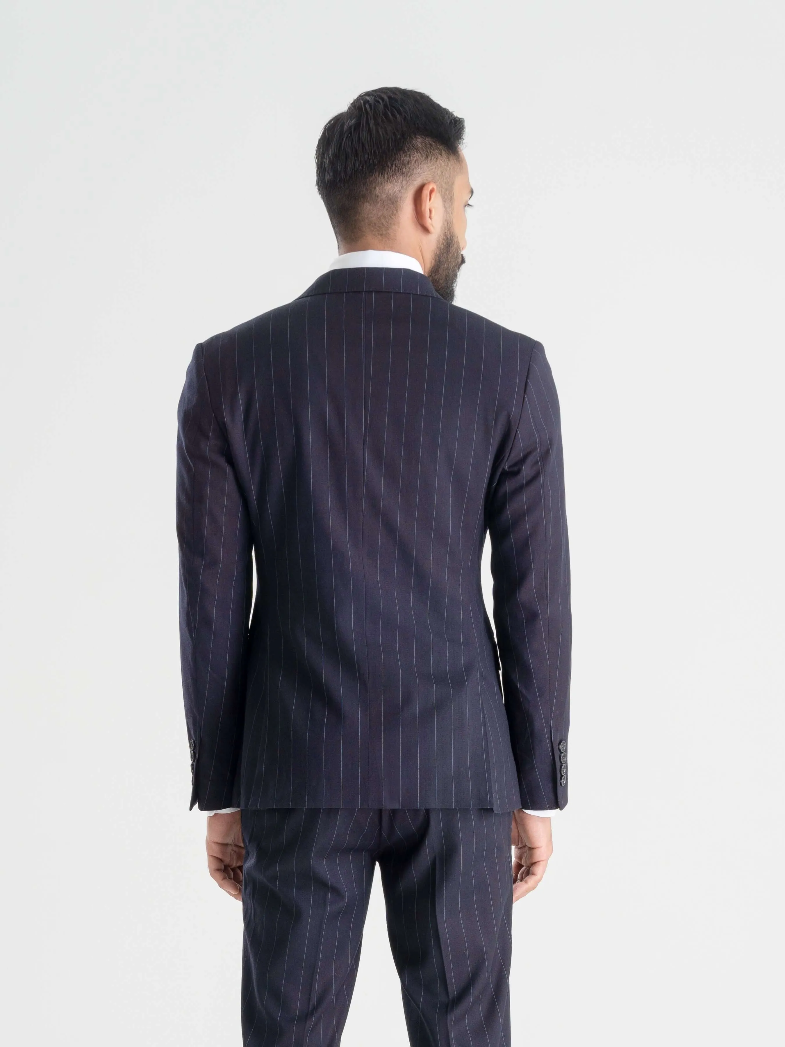 Double Breasted Suit Blazer - Deep Blue Stripes (Peak Lapel)