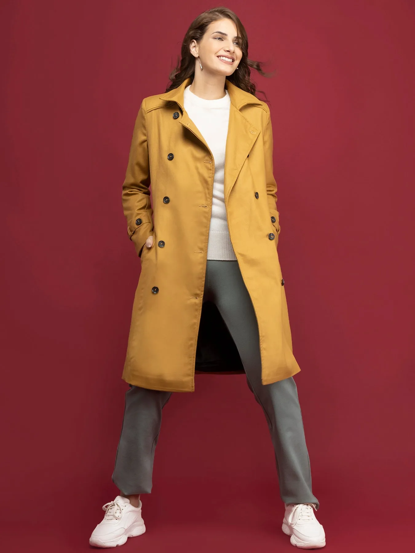 Double-Breasted Trench Coat - Mustard