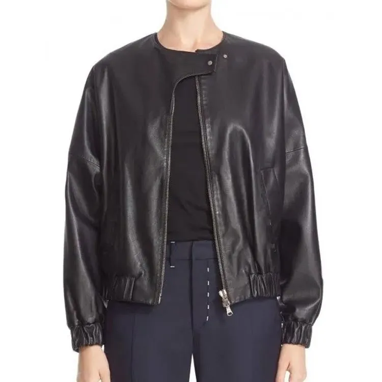 Elegant Black Leather Bomber Jacket for Women