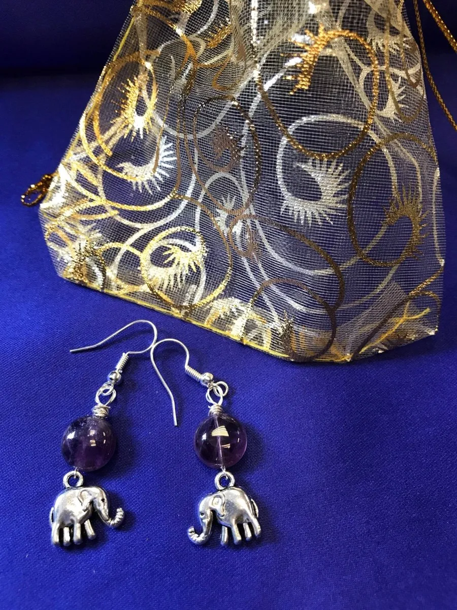 Elephant Charm Earrings with Amethyst