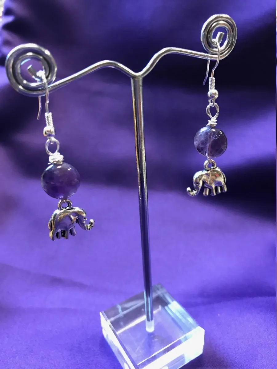 Elephant Charm Earrings with Amethyst