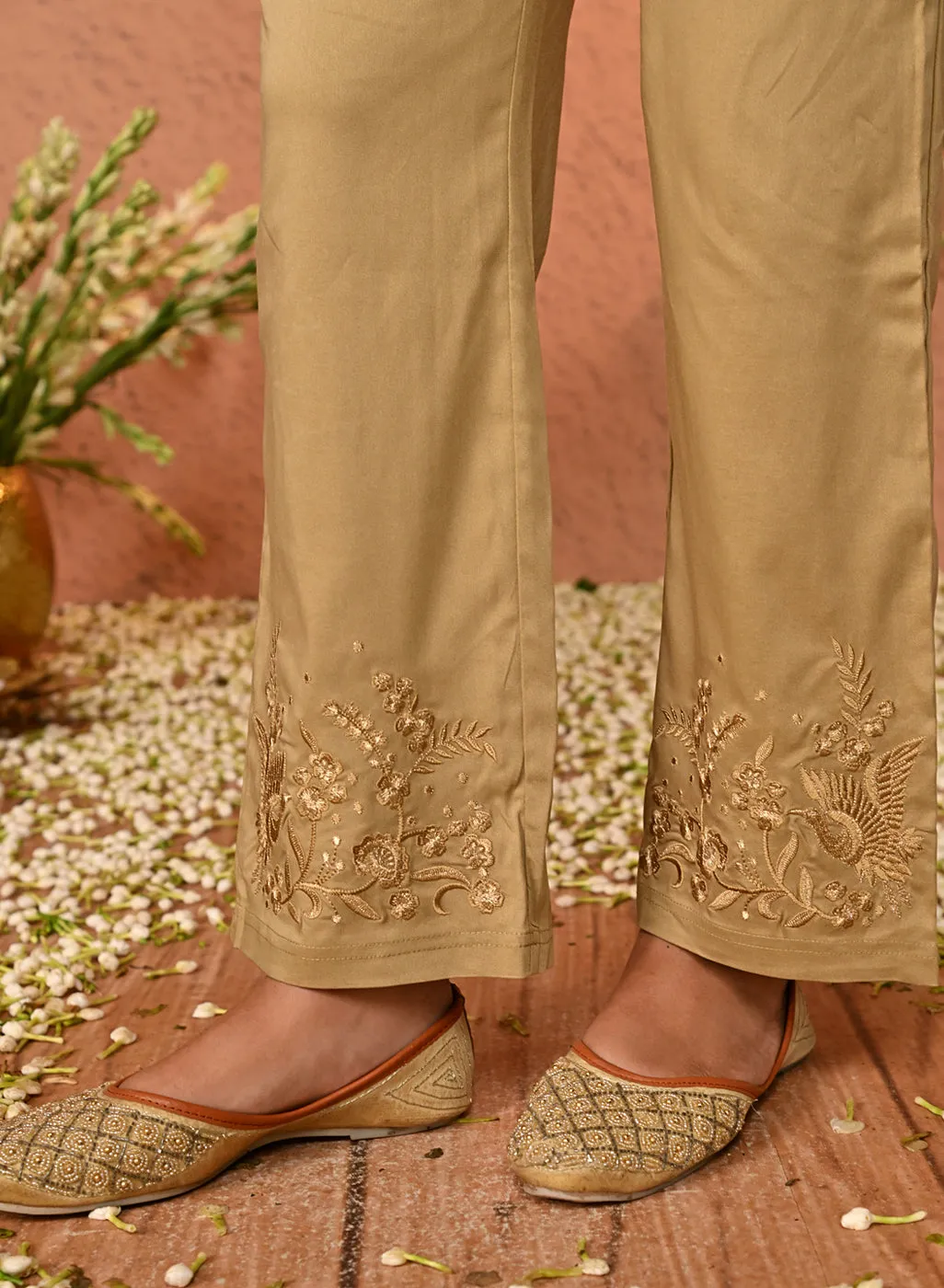 Fiora Beige Embroidered Straight Fit Pants for Women