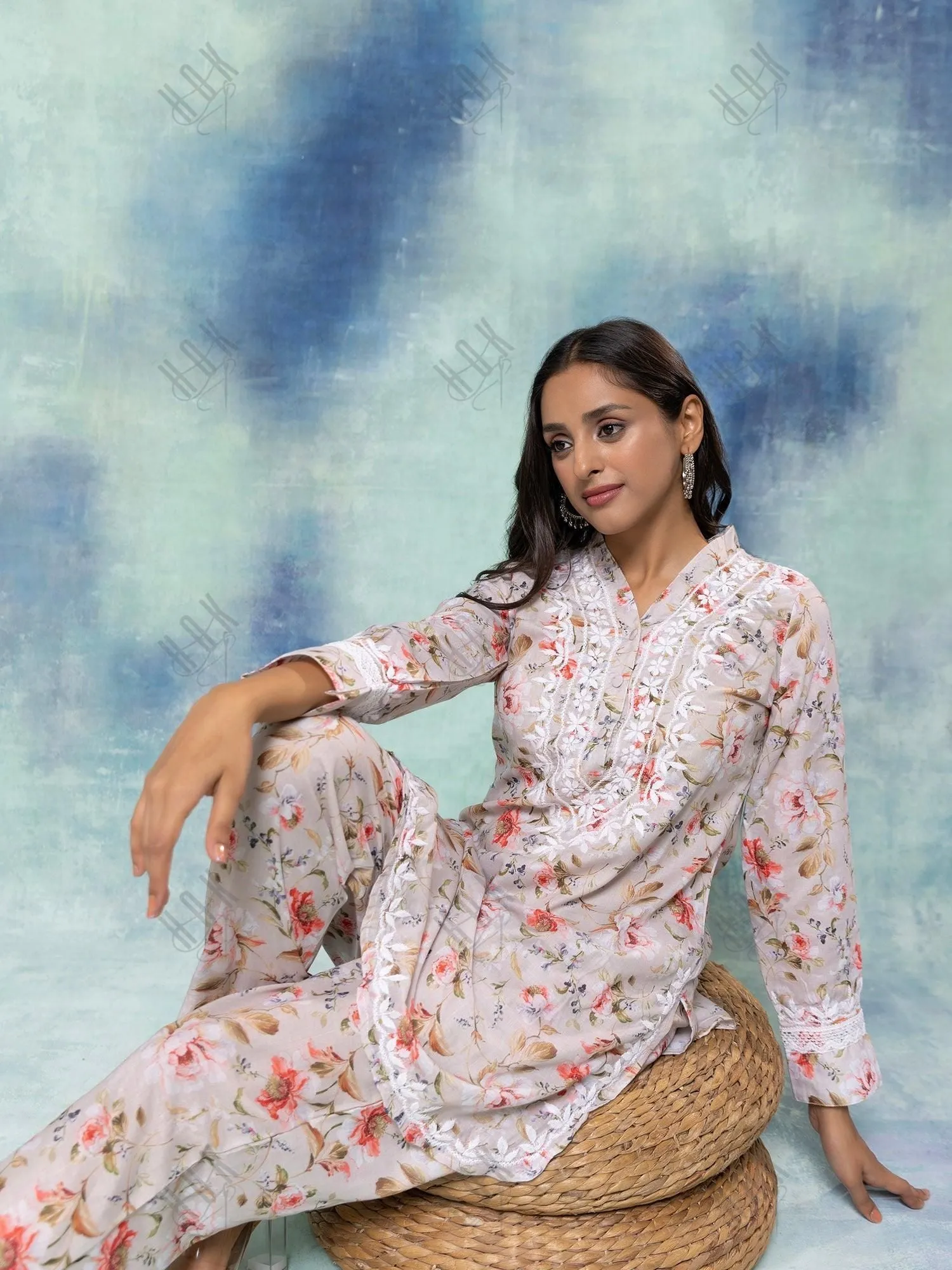 Fizaa Chikankari Co-ord set in Printed Rayon Cotton for Women- White Mulberry