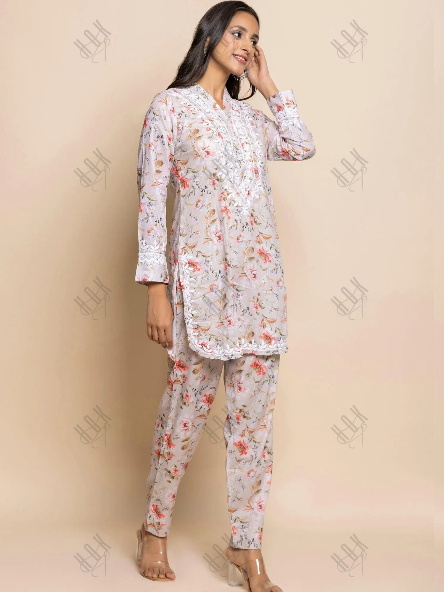 Fizaa Chikankari Co-ord set in Printed Rayon Cotton for Women- White Mulberry