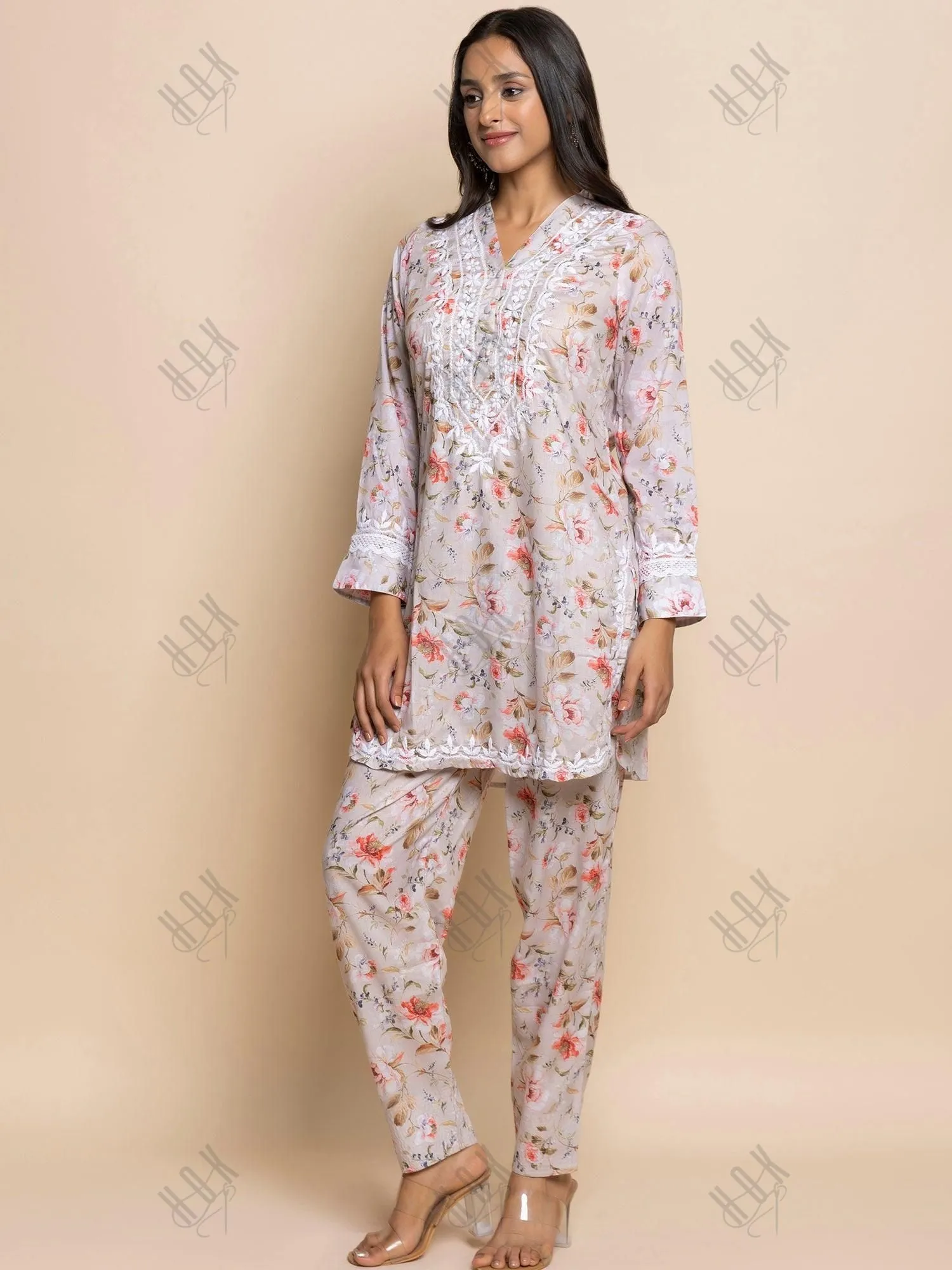 Fizaa Chikankari Co-ord set in Printed Rayon Cotton for Women- White Mulberry