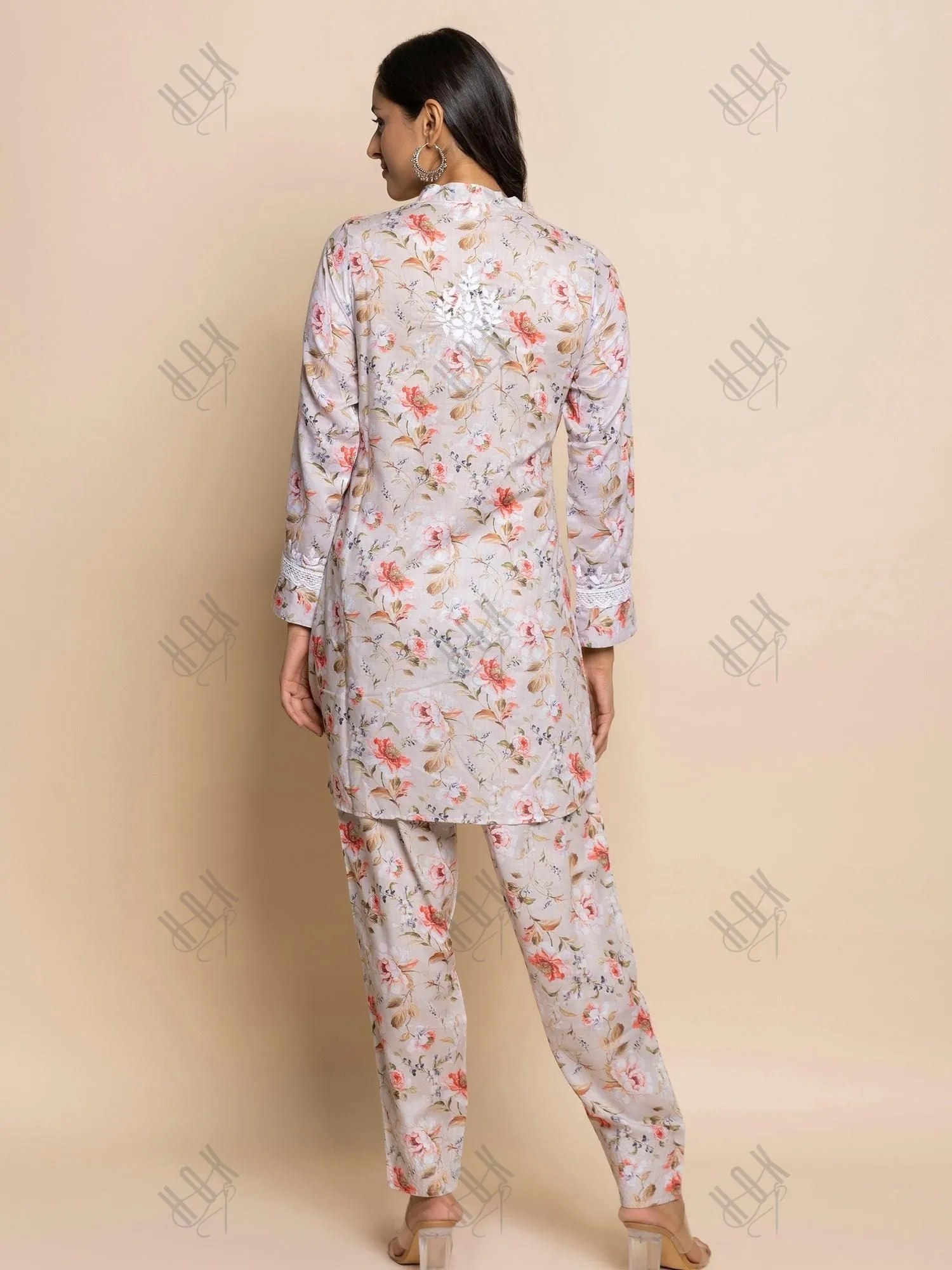 Fizaa Chikankari Co-ord set in Printed Rayon Cotton for Women- White Mulberry