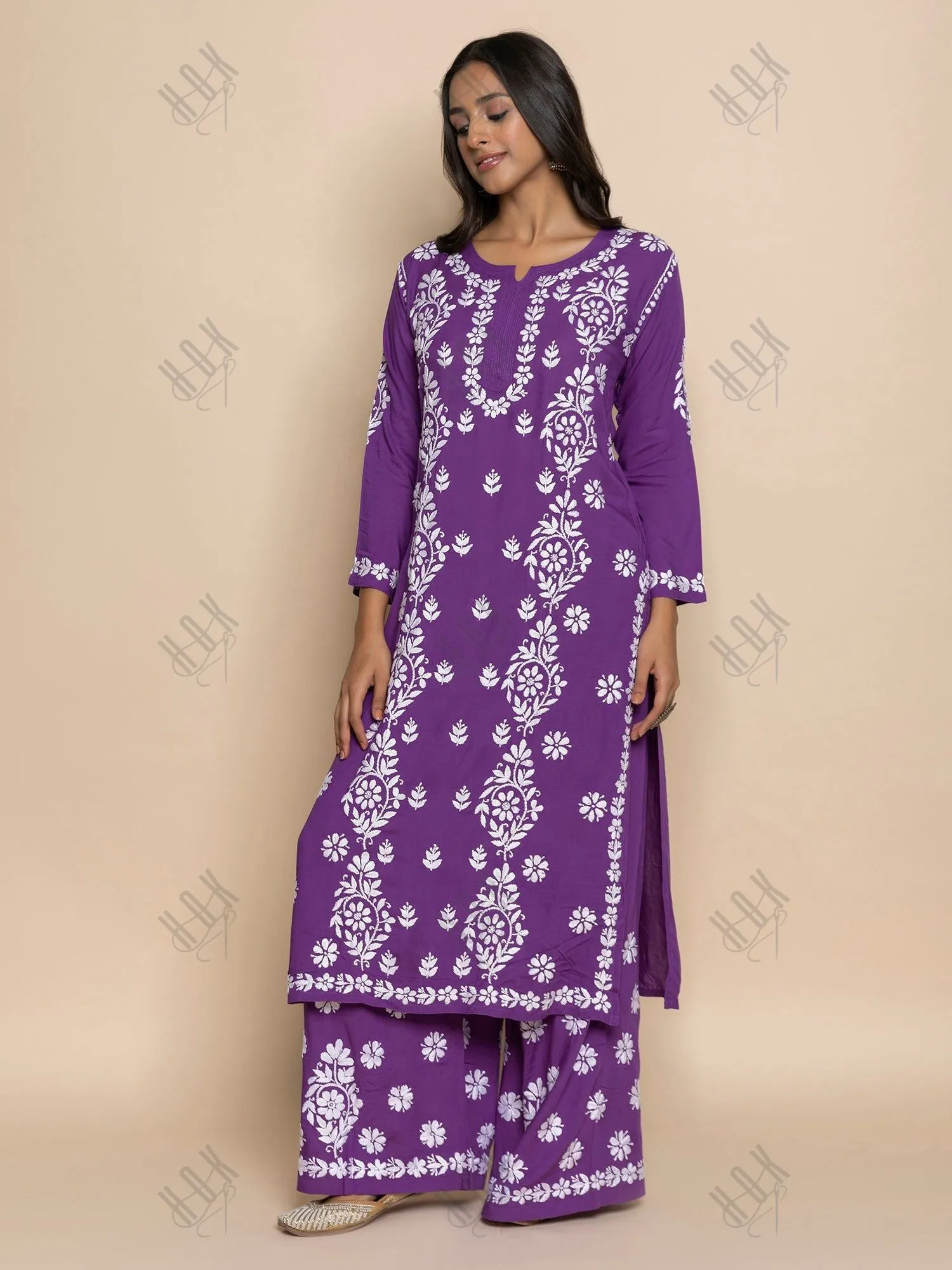 Fizaa chikankari Kurta in Modal cotton with Notch Neck Purple