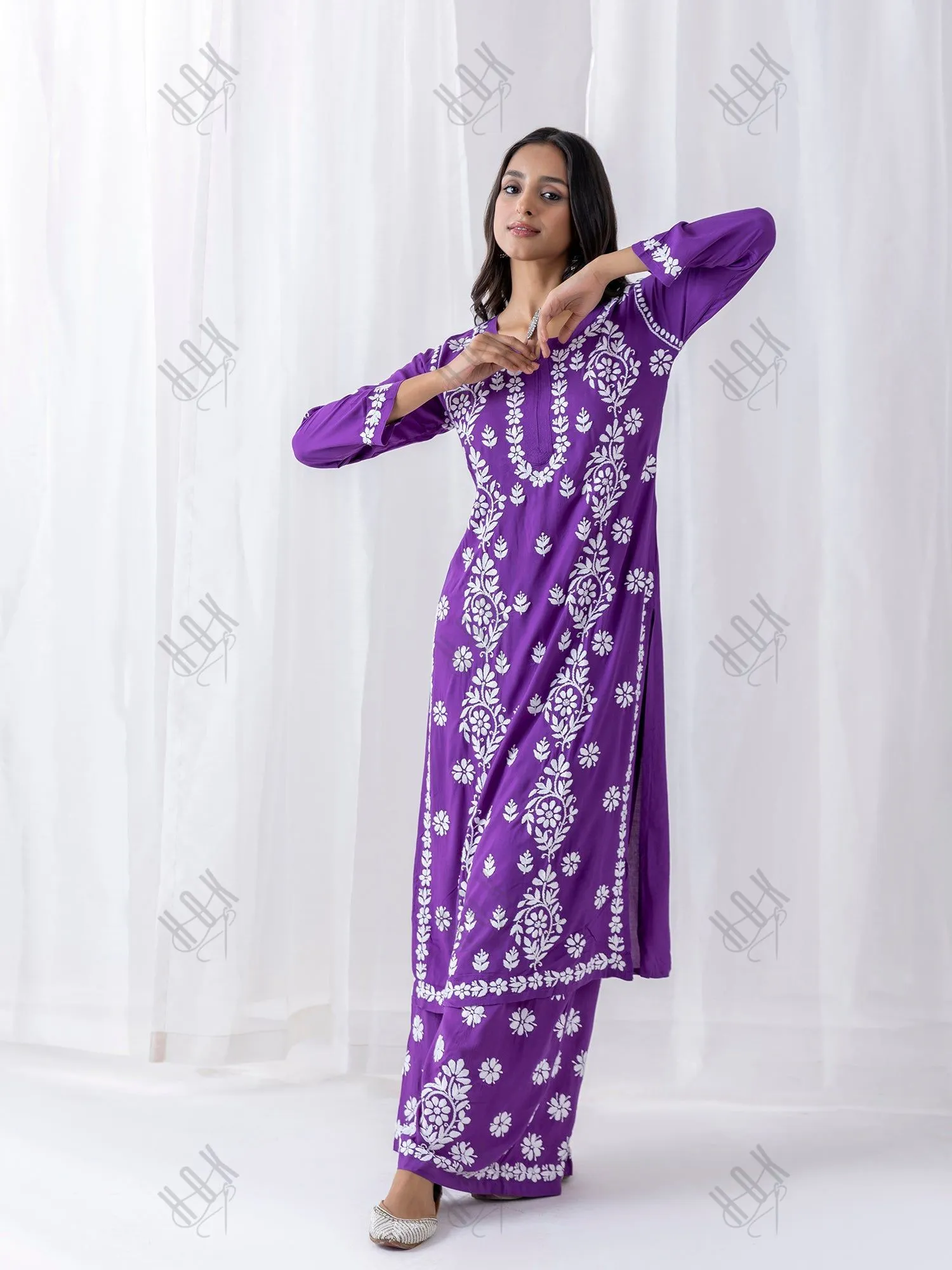 Fizaa chikankari Kurta in Modal cotton with Notch Neck Purple