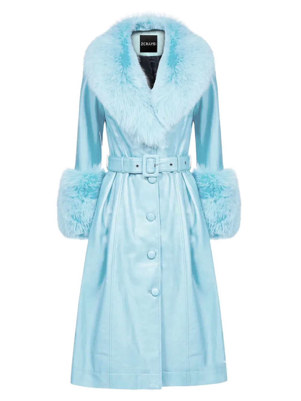 Foxy Leather Coat w/ Fox Fur In Baby Blue