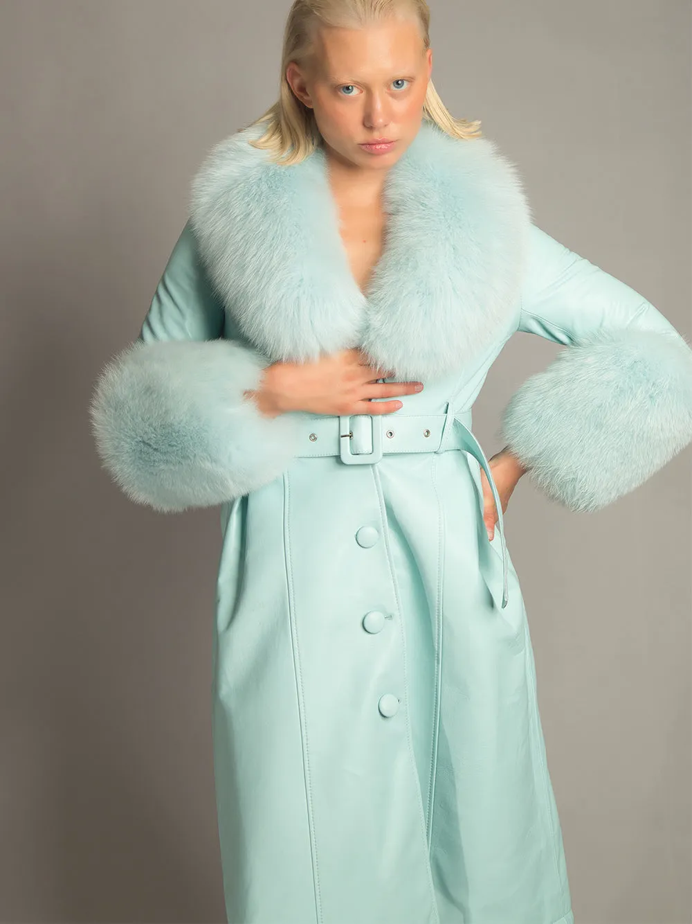 Foxy Leather Coat w/ Fox Fur In Baby Blue